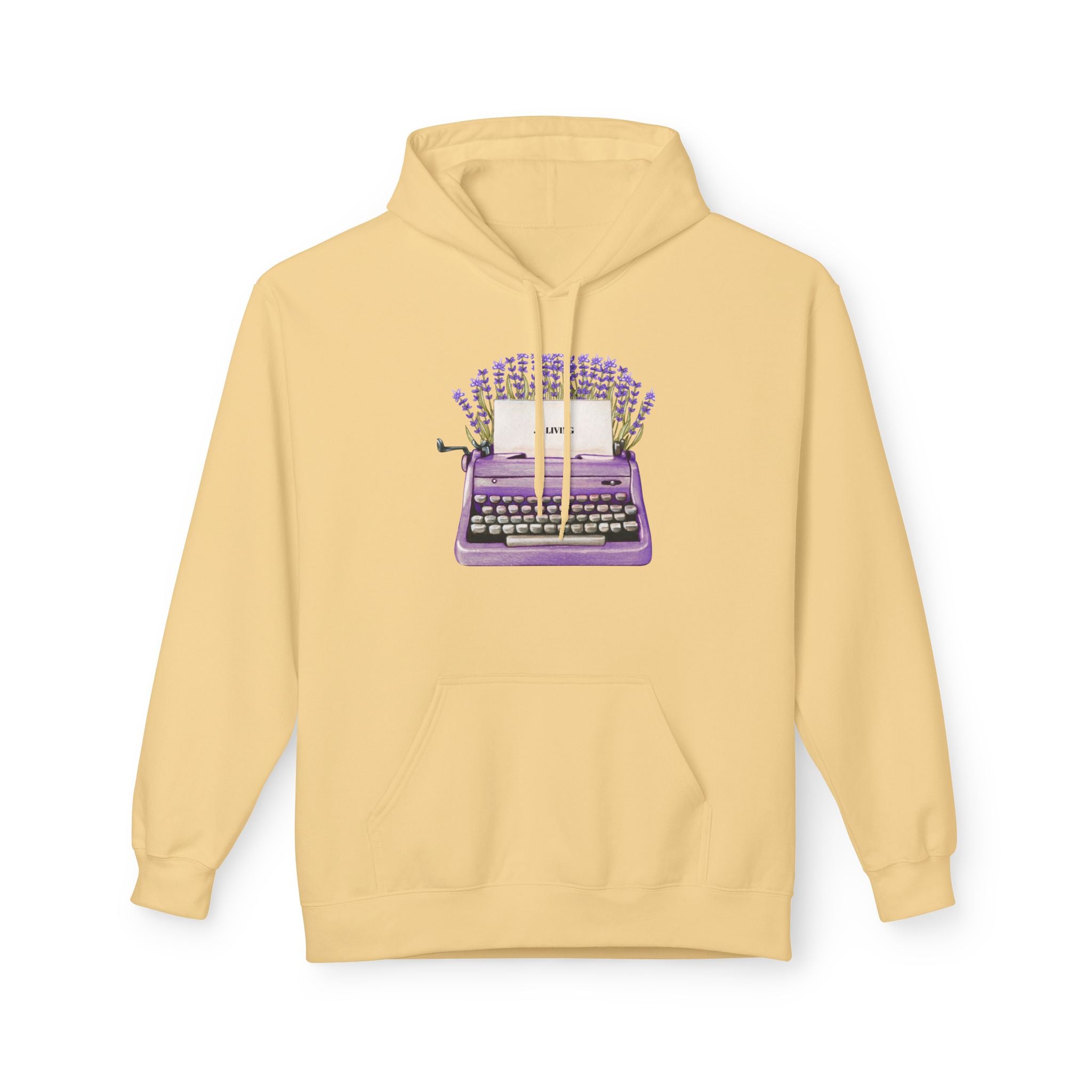 Unisex Typewriter & Lavender Hoodie — Vintage Purple Typewriter Sweatshirt for Writers