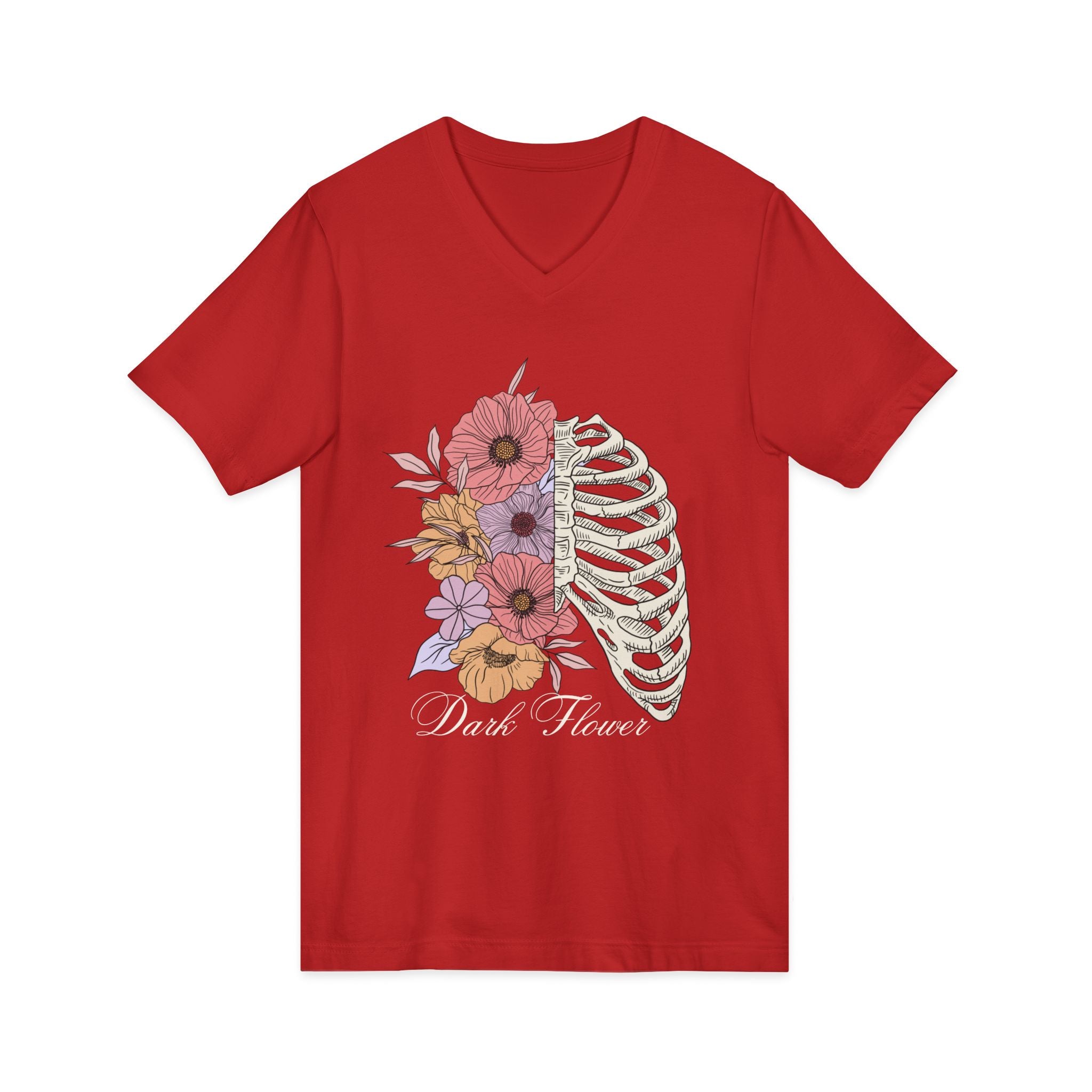 Floral Ribcage V‑Neck Tee — "Dark Flower" Gothic Floral Skeleton Shirt