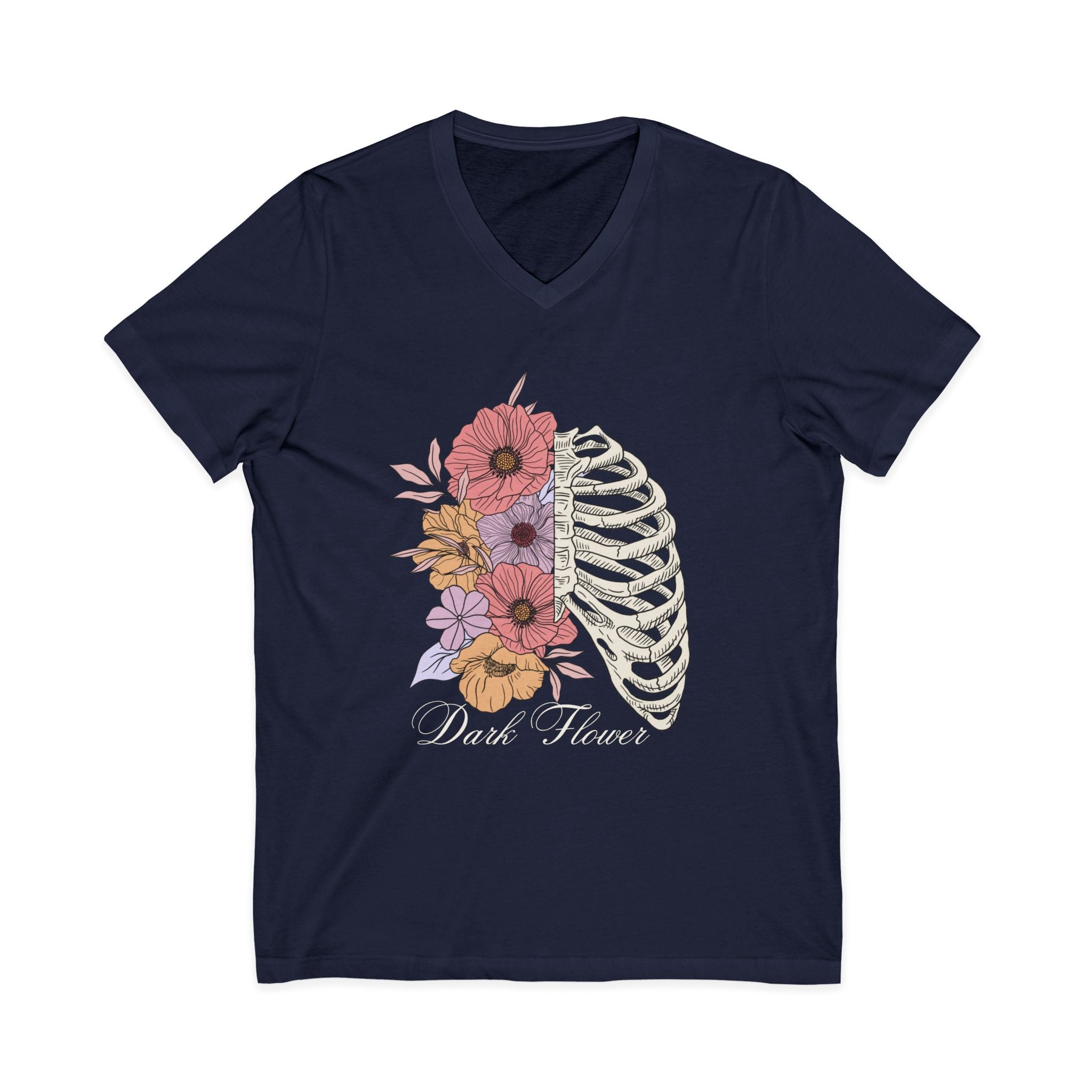 Floral Ribcage V‑Neck Tee — "Dark Flower" Gothic Floral Skeleton Shirt