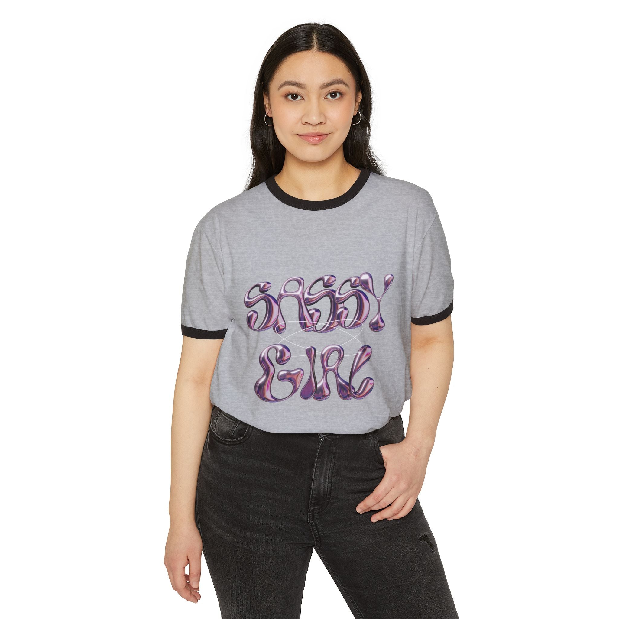 Sassy Girl Ringer Tee — Retro Bubble Letter Graphic T-Shirt