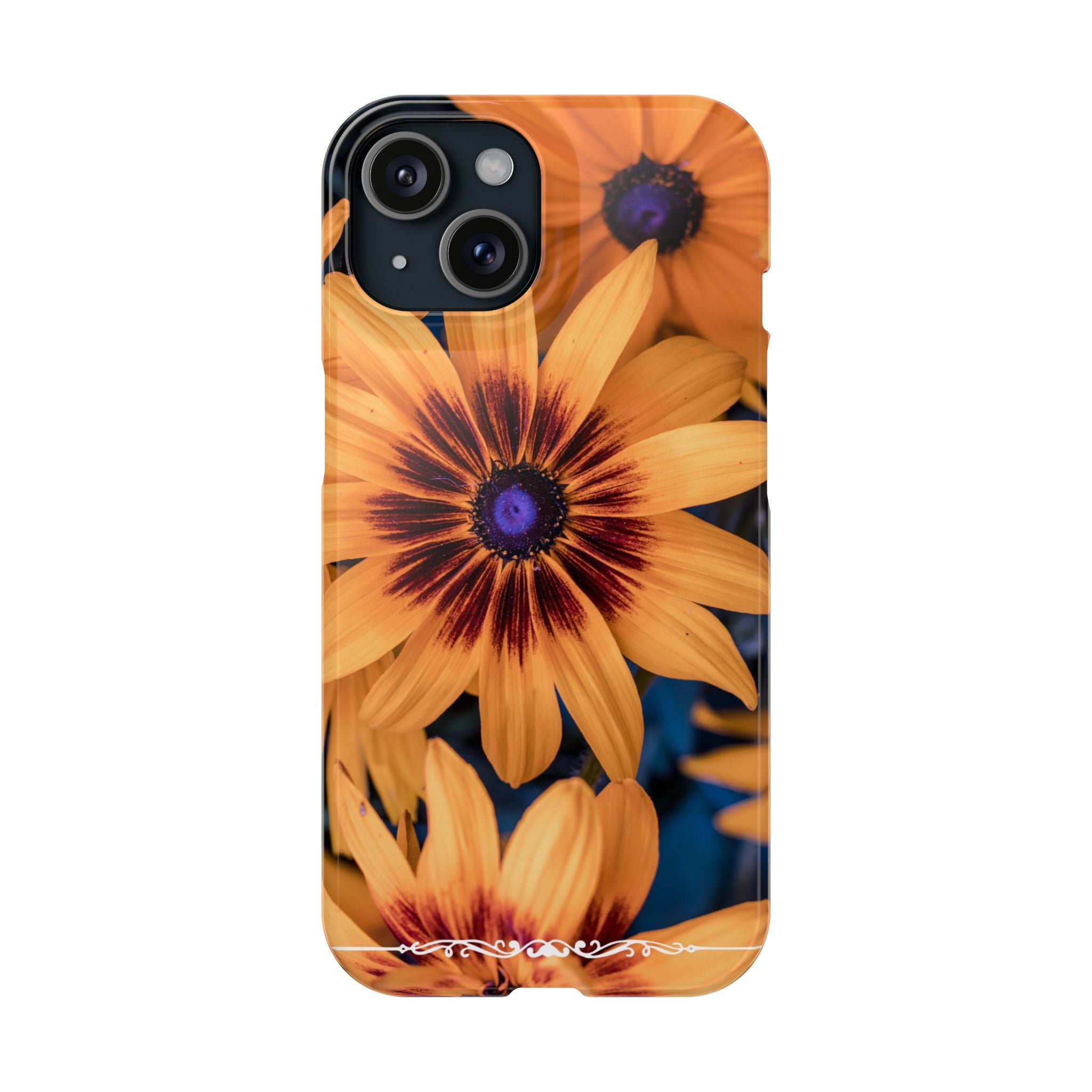 Floral Sunflower Slim Phone Case — Orange Black Daisy Design