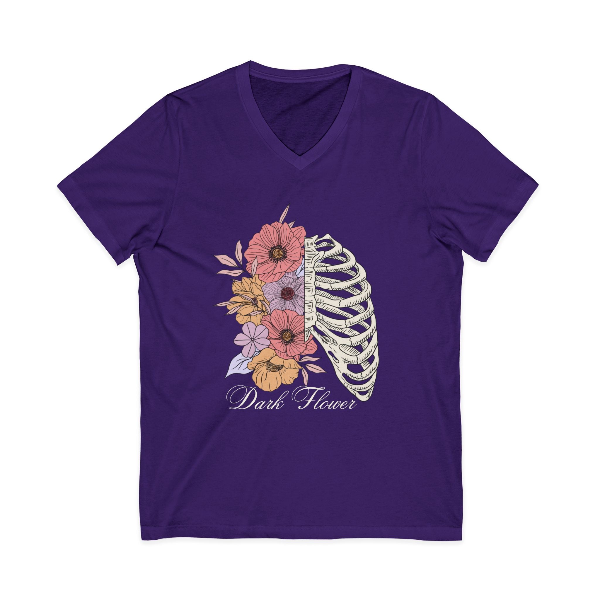 Floral Ribcage V‑Neck Tee — "Dark Flower" Gothic Floral Skeleton Shirt