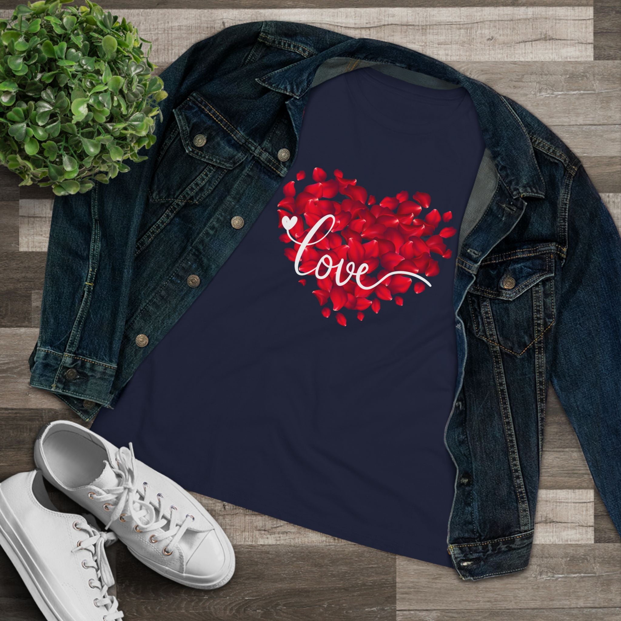 Women's Tee — Red Petal Heart 'Love' Graphic Valentine's Shirt