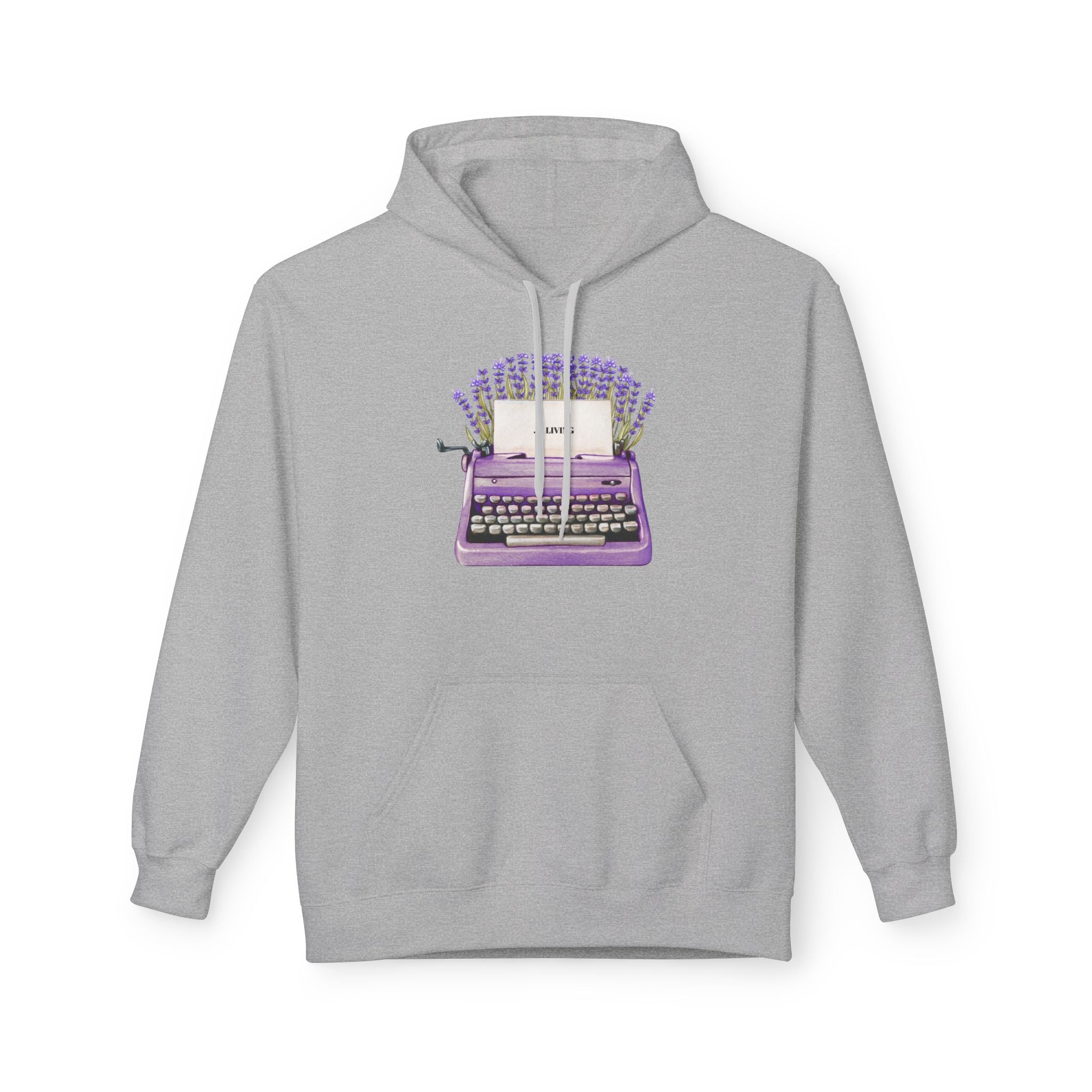Unisex Typewriter & Lavender Hoodie — Vintage Purple Typewriter Sweatshirt for Writers
