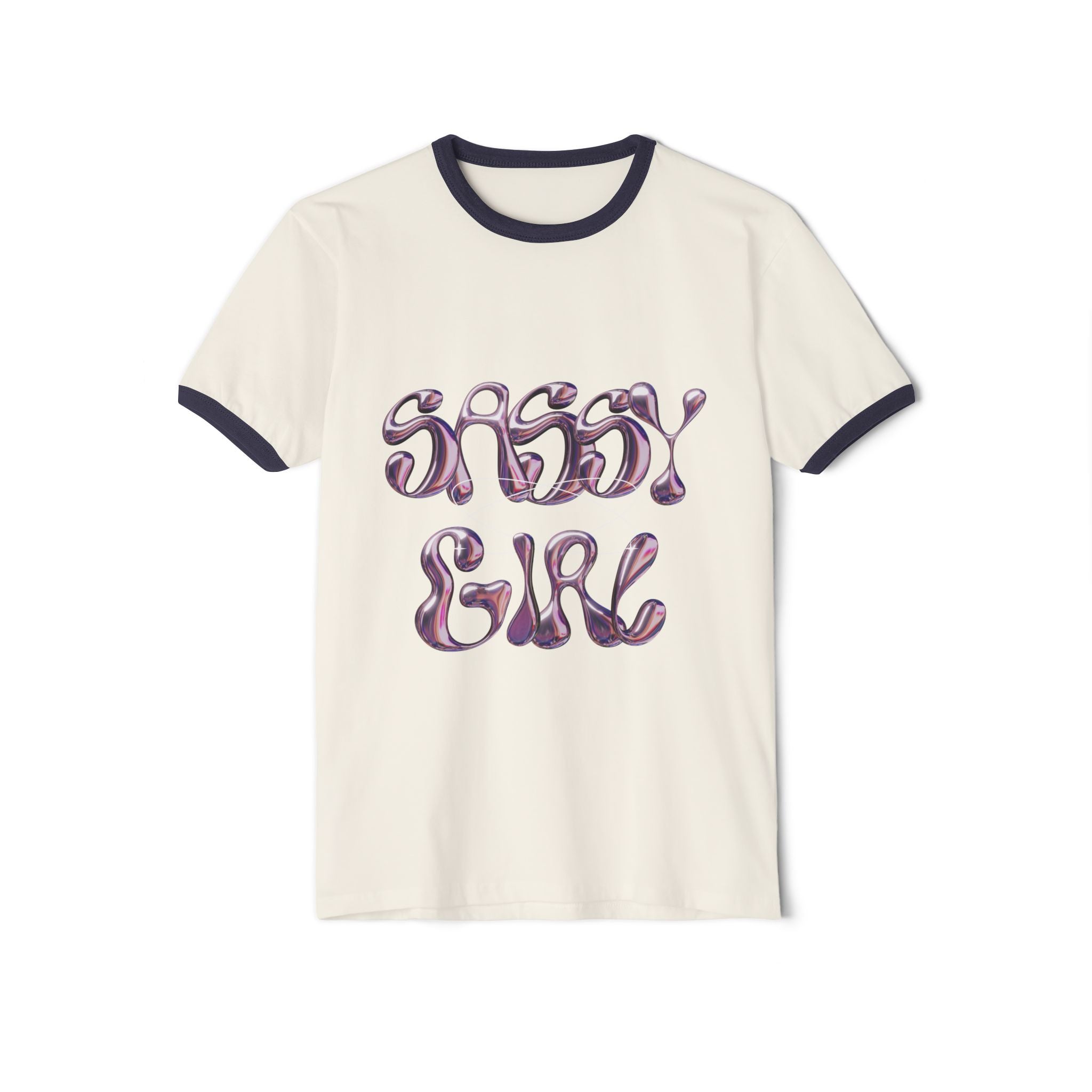 Sassy Girl Ringer Tee — Retro Bubble Letter Graphic T-Shirt