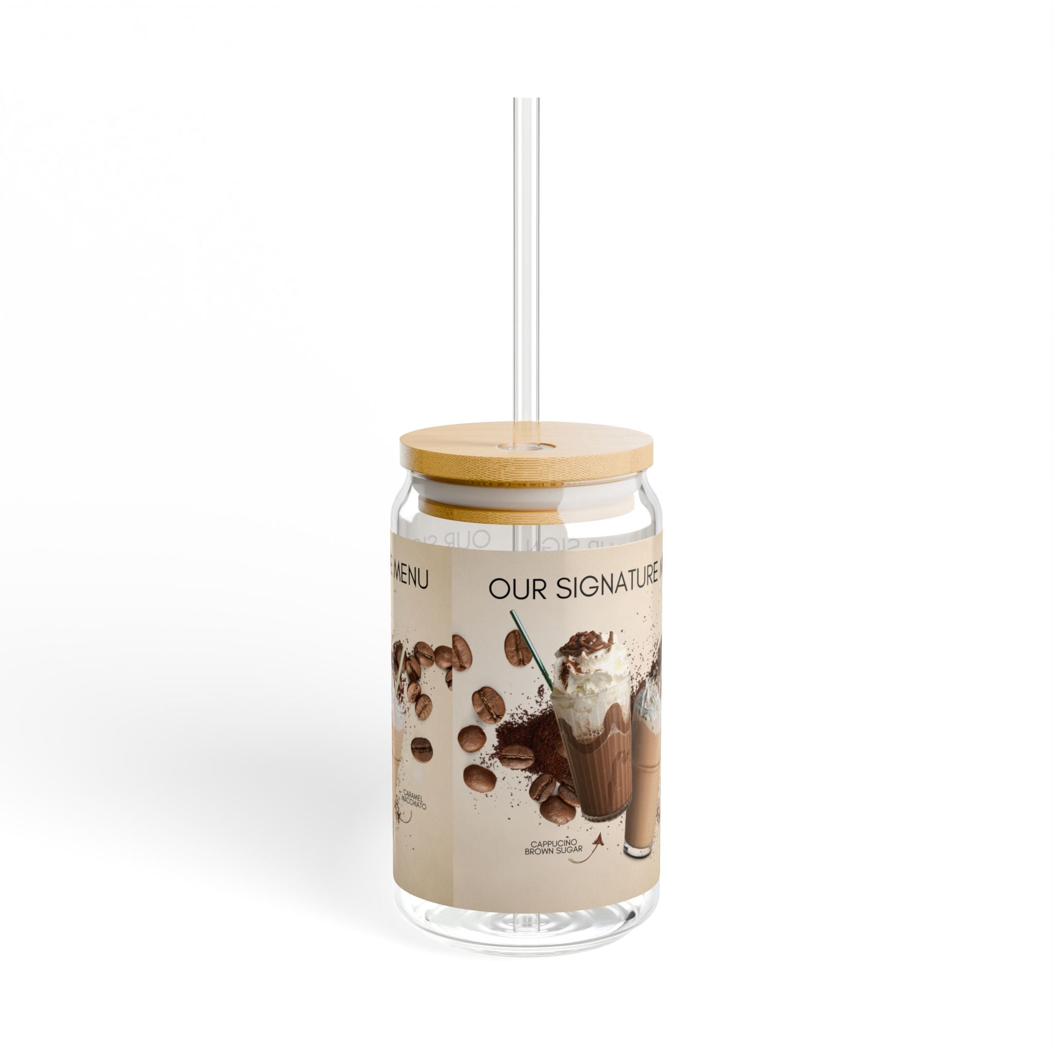 16oz Coffee Milkshake Sipper Glass — 'Our Signature Menu' Cafe Drink Tumbler with Straw