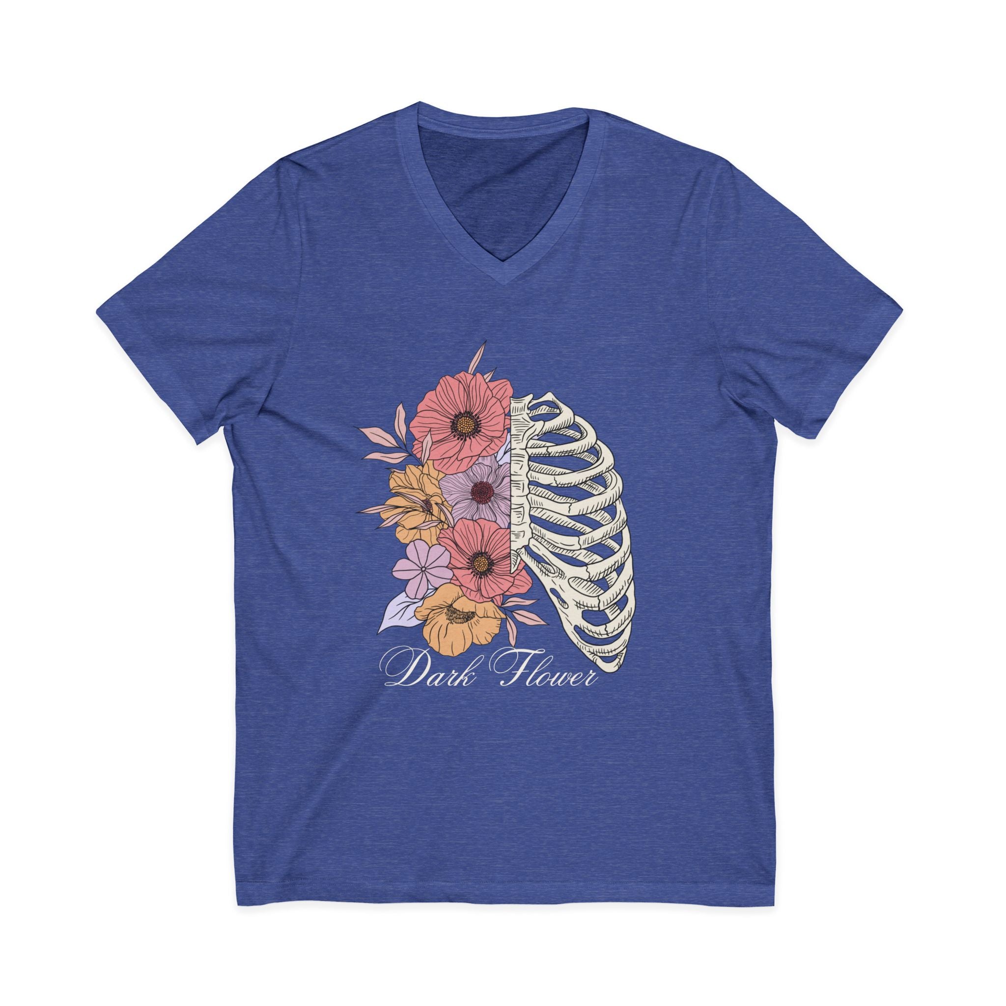 Floral Ribcage V‑Neck Tee — "Dark Flower" Gothic Floral Skeleton Shirt