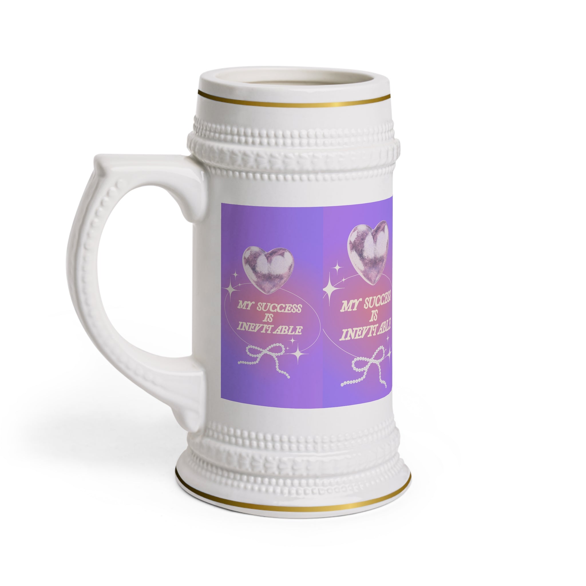 Stein Mug - 'My Success Is Inevitable' Motivational Beer Stein, Pink Heart Design on Purple