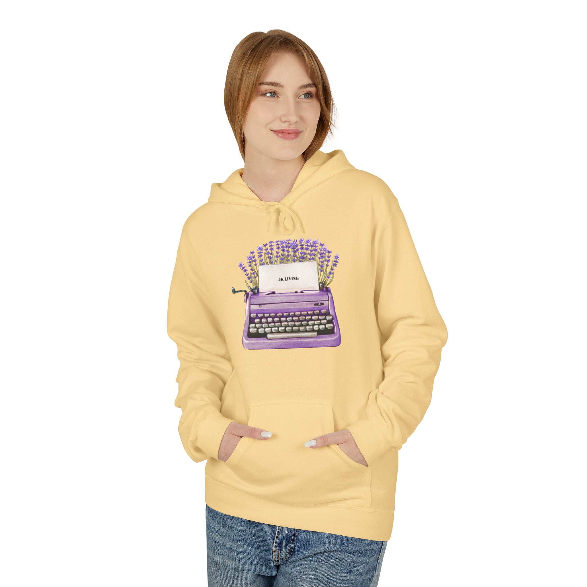 Unisex Typewriter & Lavender Hoodie — Vintage Purple Typewriter Sweatshirt for Writers