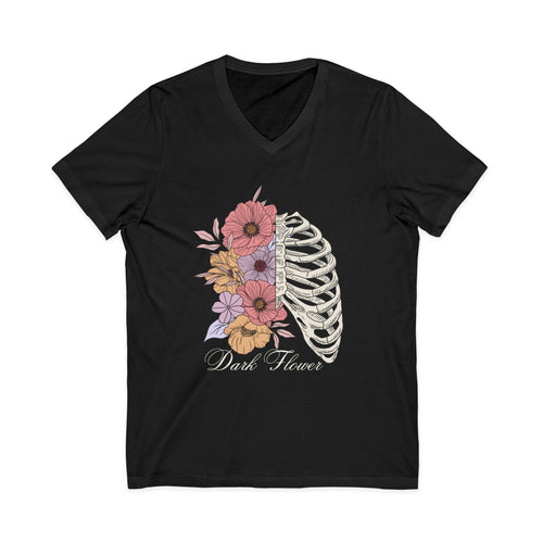 Floral Ribcage V‑Neck Tee — "Dark Flower" Gothic Floral Skeleton Shirt