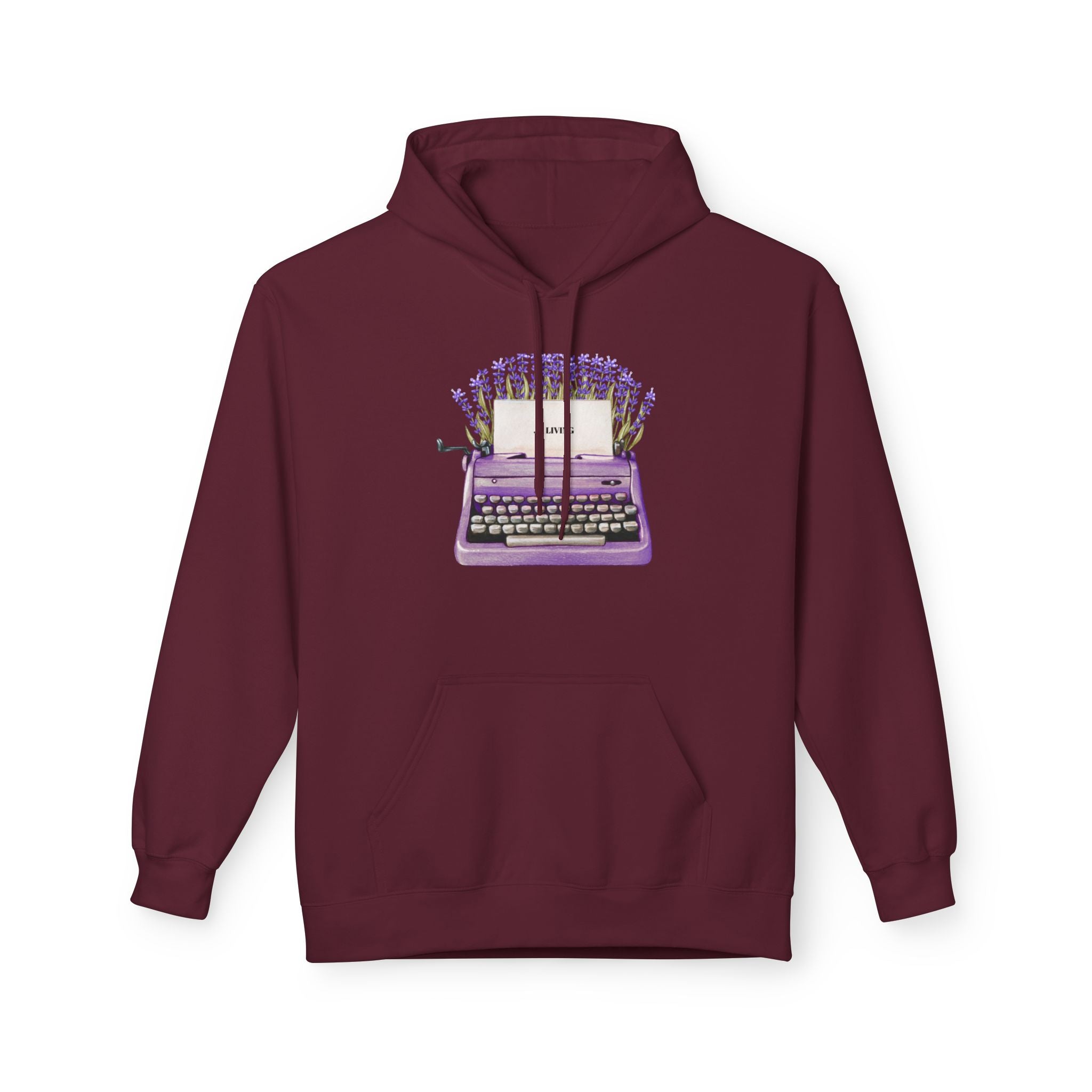 Unisex Typewriter & Lavender Hoodie — Vintage Purple Typewriter Sweatshirt for Writers