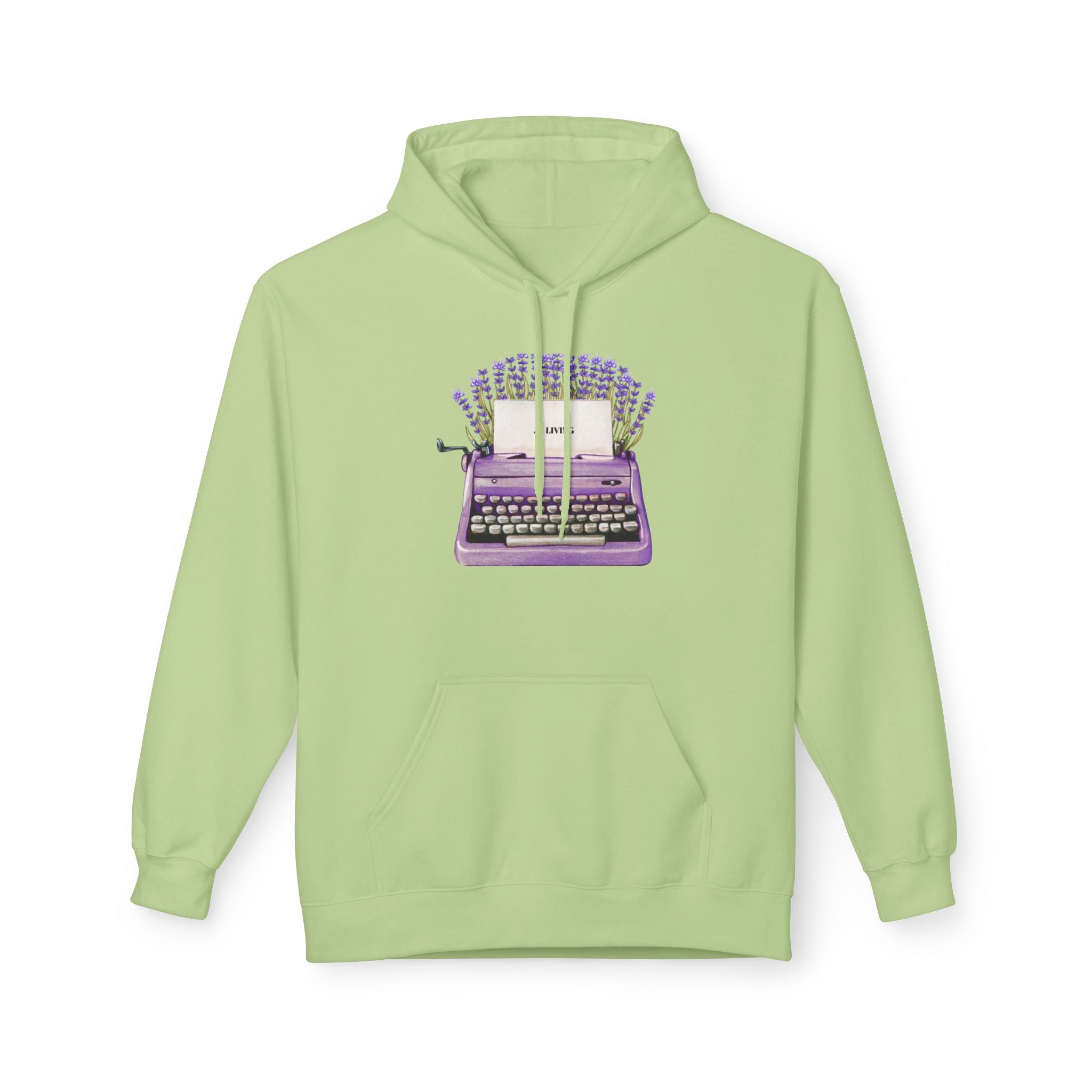 Unisex Typewriter & Lavender Hoodie — Vintage Purple Typewriter Sweatshirt for Writers