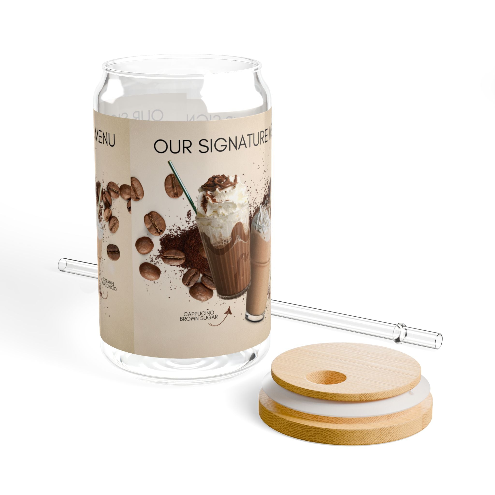 16oz Coffee Milkshake Sipper Glass — 'Our Signature Menu' Cafe Drink Tumbler with Straw