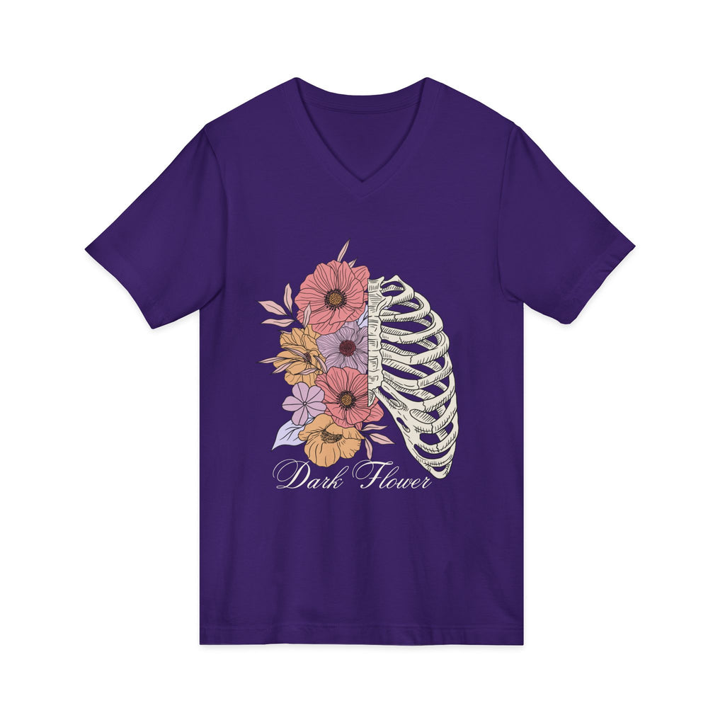 Floral Ribcage V‑Neck Tee — "Dark Flower" Gothic Floral Skeleton Shirt