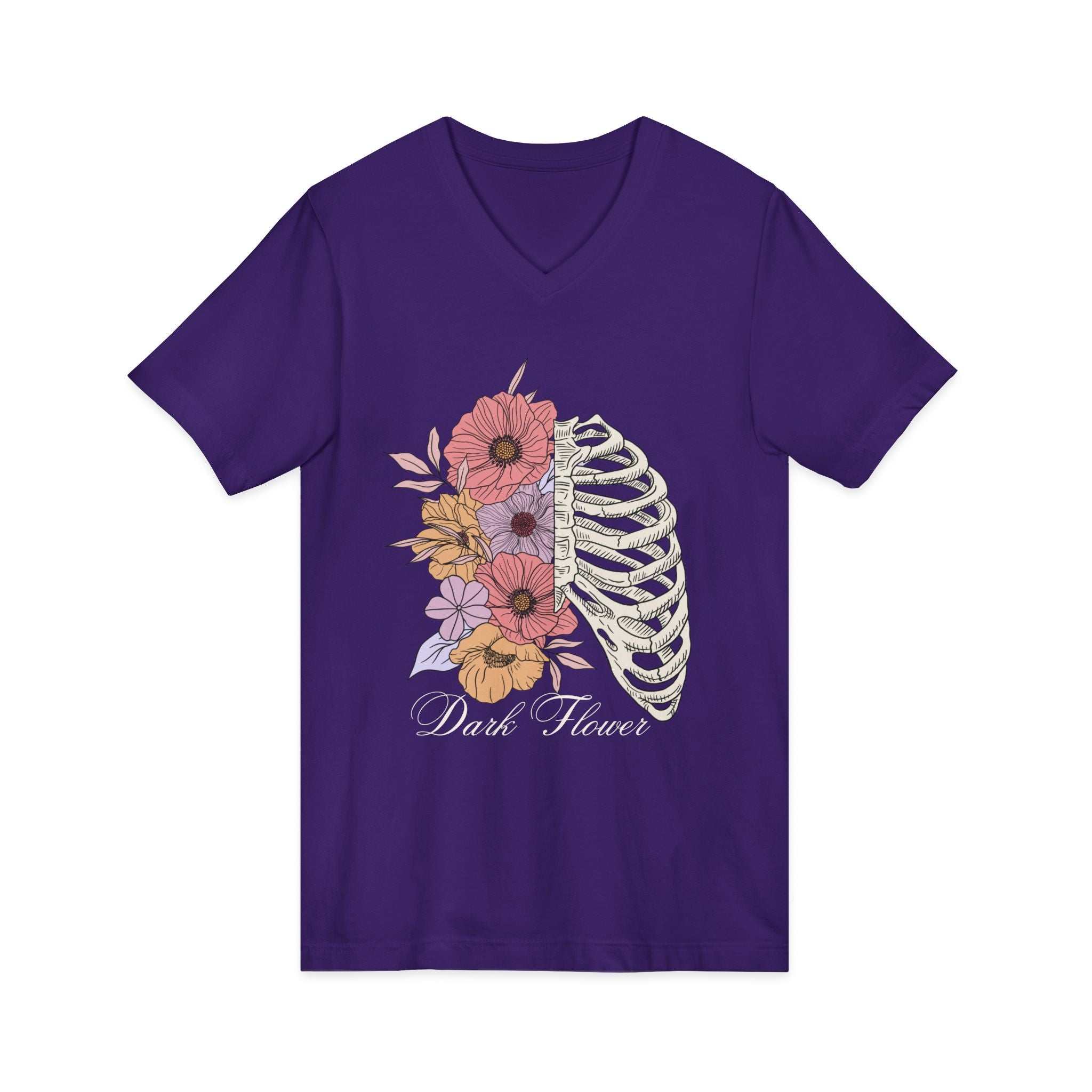 Floral Ribcage V‑Neck Tee — "Dark Flower" Gothic Floral Skeleton Shirt
