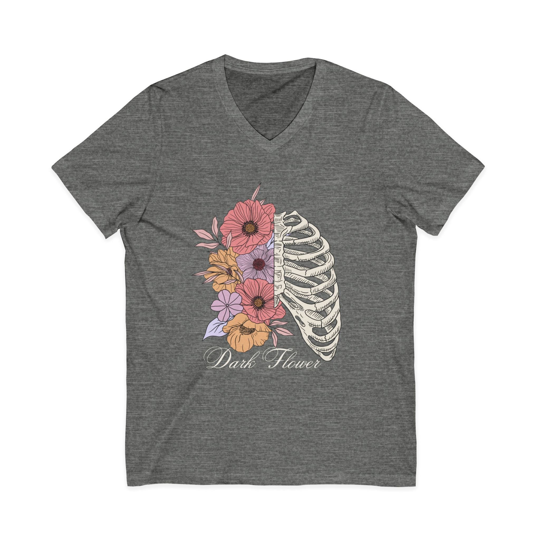 Floral Ribcage V‑Neck Tee — "Dark Flower" Gothic Floral Skeleton Shirt
