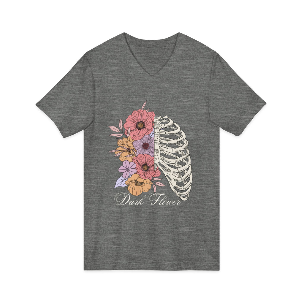 Floral Ribcage V‑Neck Tee — "Dark Flower" Gothic Floral Skeleton Shirt