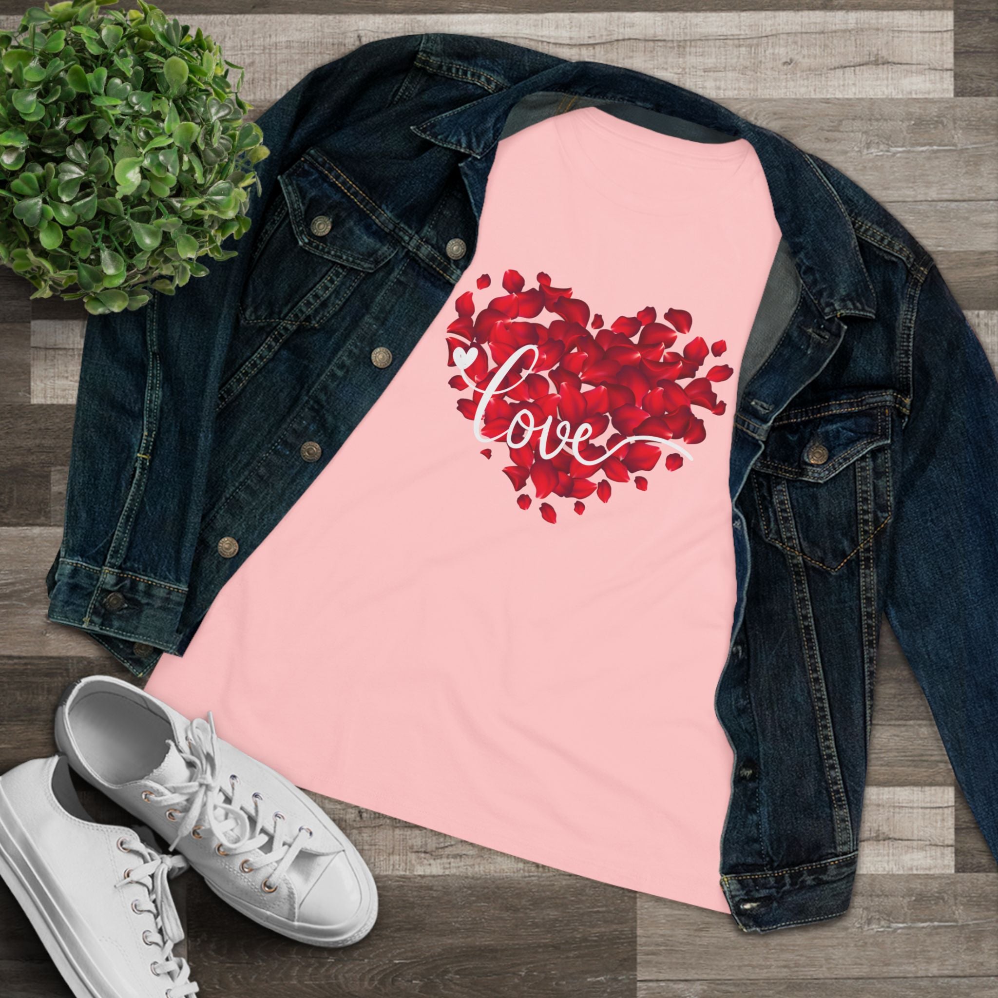 Women's Tee — Red Petal Heart 'Love' Graphic Valentine's Shirt