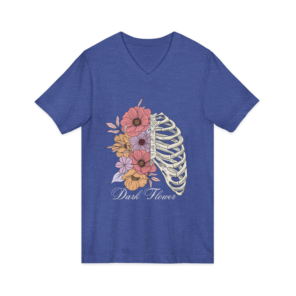 Floral Ribcage V‑Neck Tee — "Dark Flower" Gothic Floral Skeleton Shirt