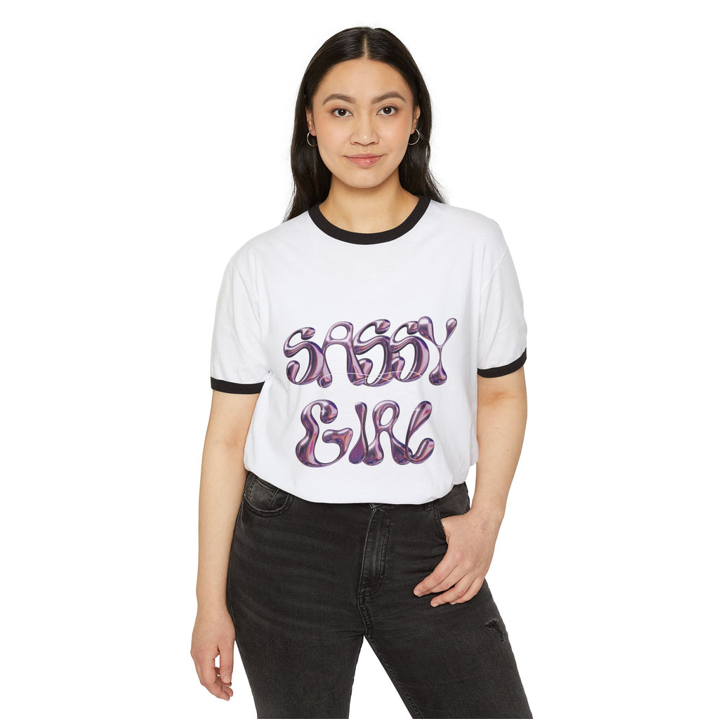 Sassy Girl Ringer Tee — Retro Bubble Letter Graphic T-Shirt