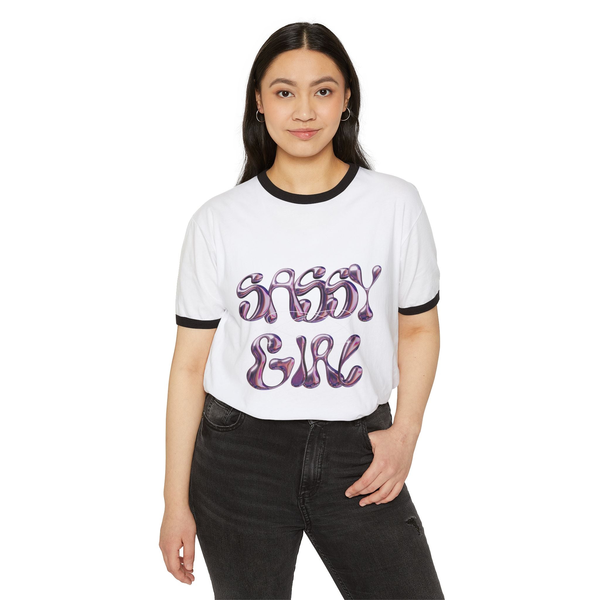 Sassy Girl Ringer Tee — Retro Bubble Letter Graphic T-Shirt