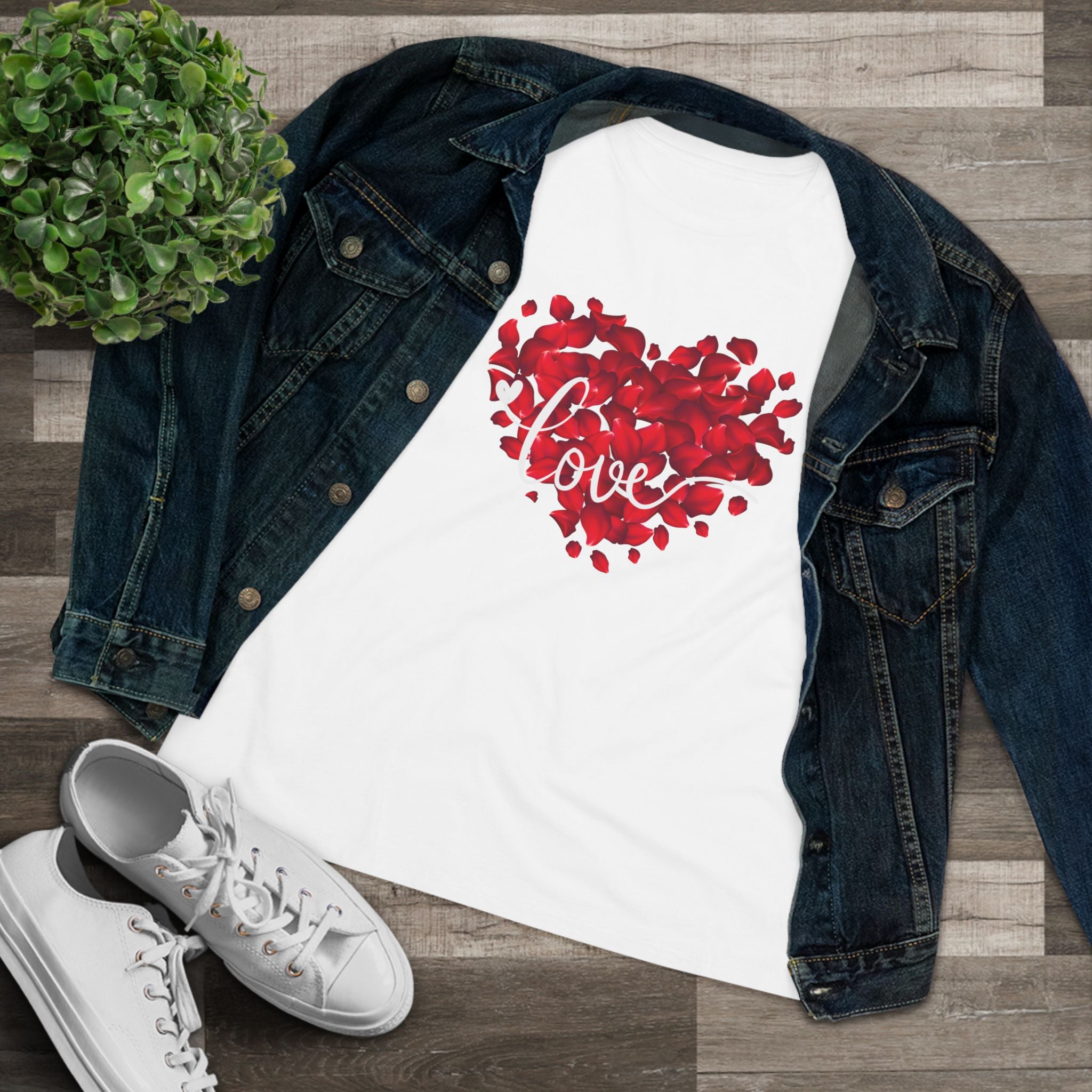 Women's Tee — Red Petal Heart 'Love' Graphic Valentine's Shirt