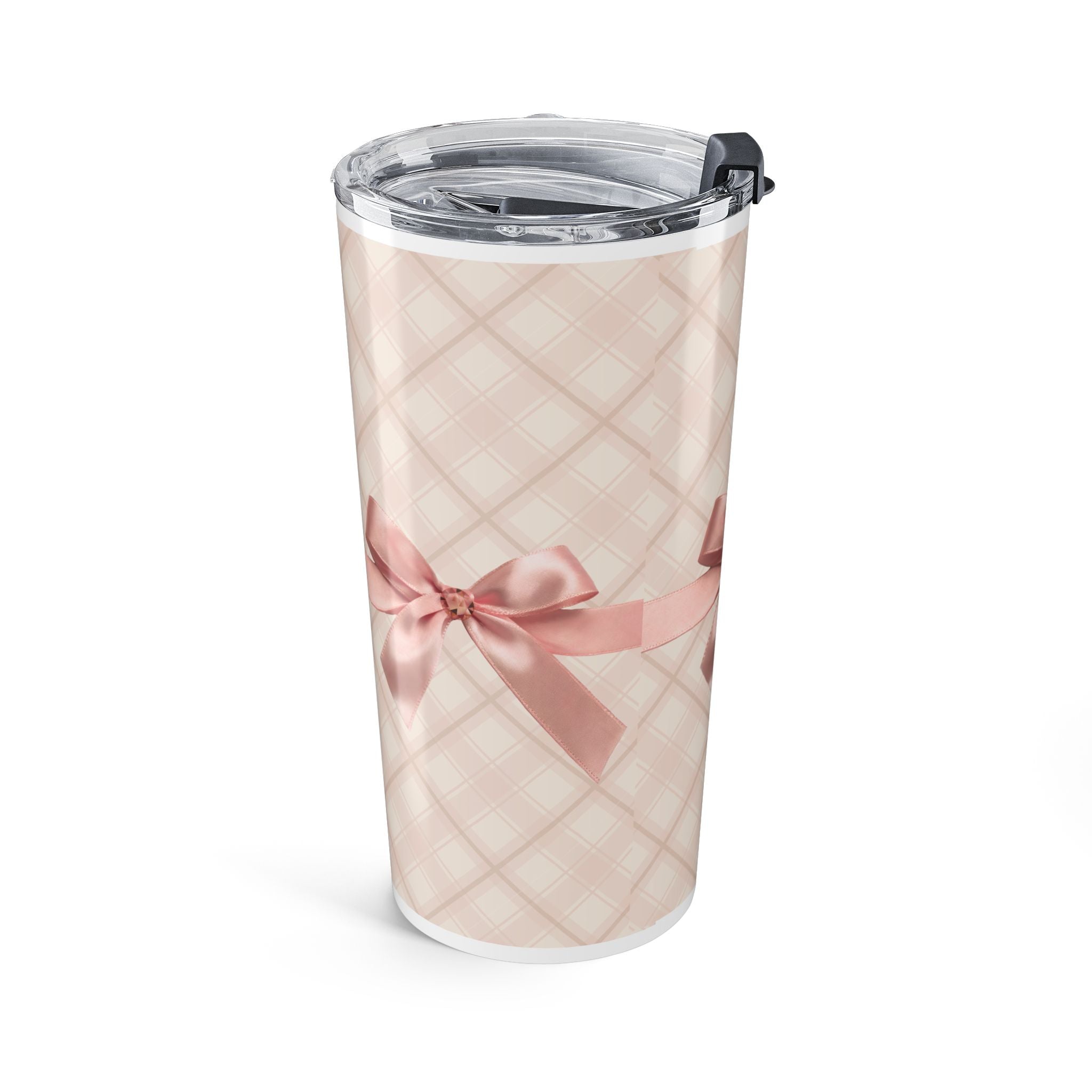 20oz Pink Plaid Tumbler with Satin Bow – Insulated Travel Cup