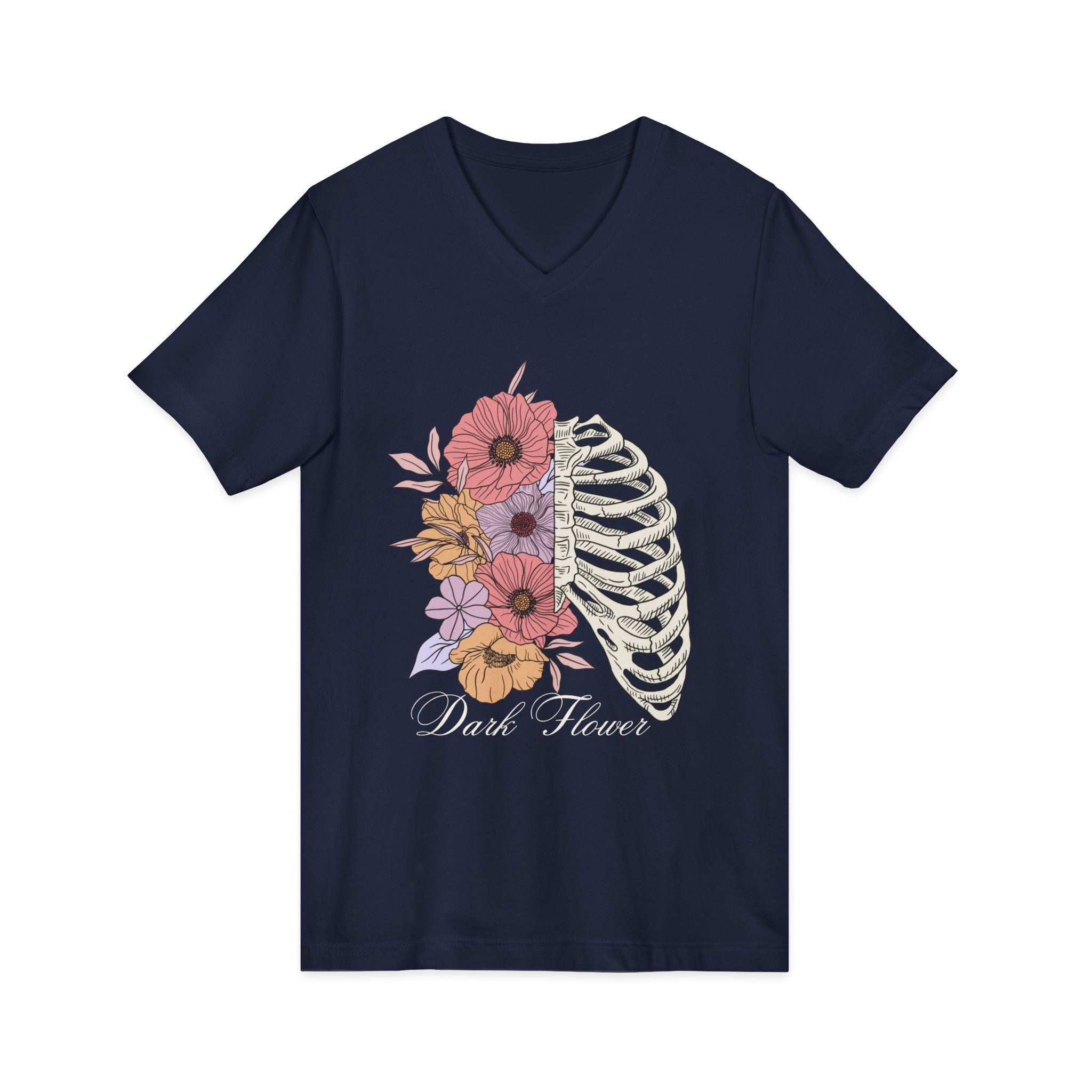 Floral Ribcage V‑Neck Tee — "Dark Flower" Gothic Floral Skeleton Shirt