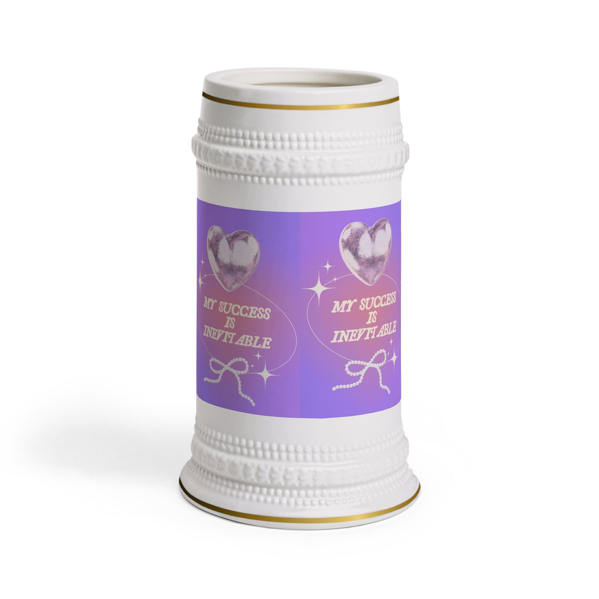 Stein Mug - 'My Success Is Inevitable' Motivational Beer Stein, Pink Heart Design on Purple
