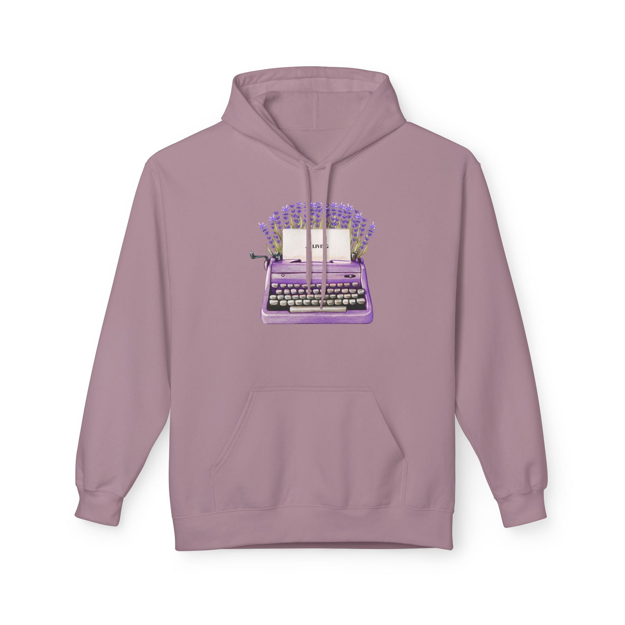 Unisex Typewriter & Lavender Hoodie — Vintage Purple Typewriter Sweatshirt for Writers