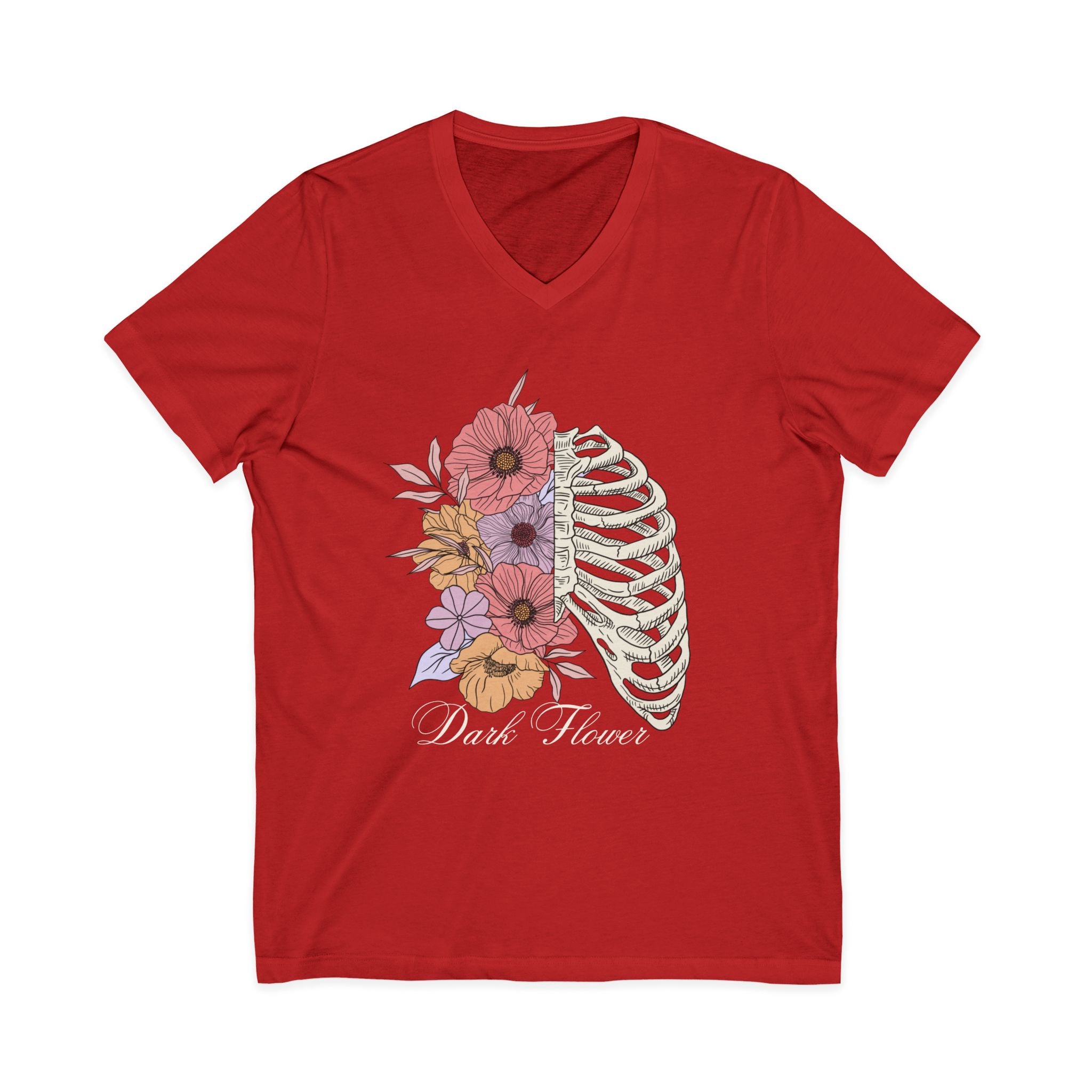Floral Ribcage V‑Neck Tee — "Dark Flower" Gothic Floral Skeleton Shirt