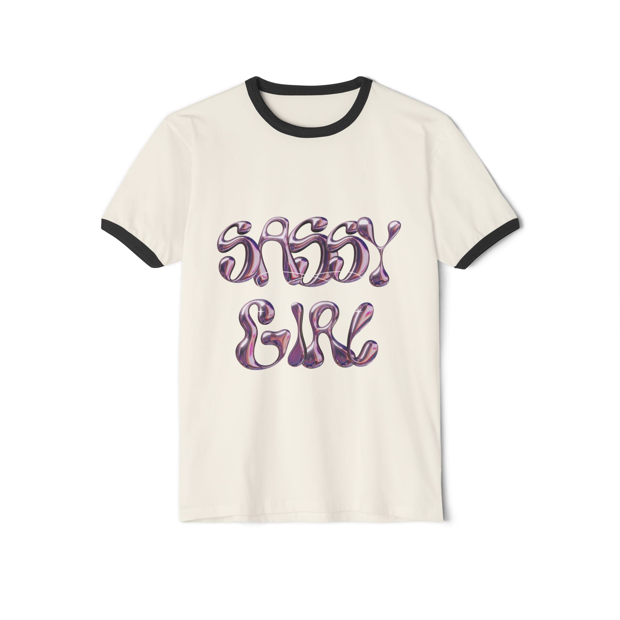 Sassy Girl Ringer Tee — Retro Bubble Letter Graphic T-Shirt