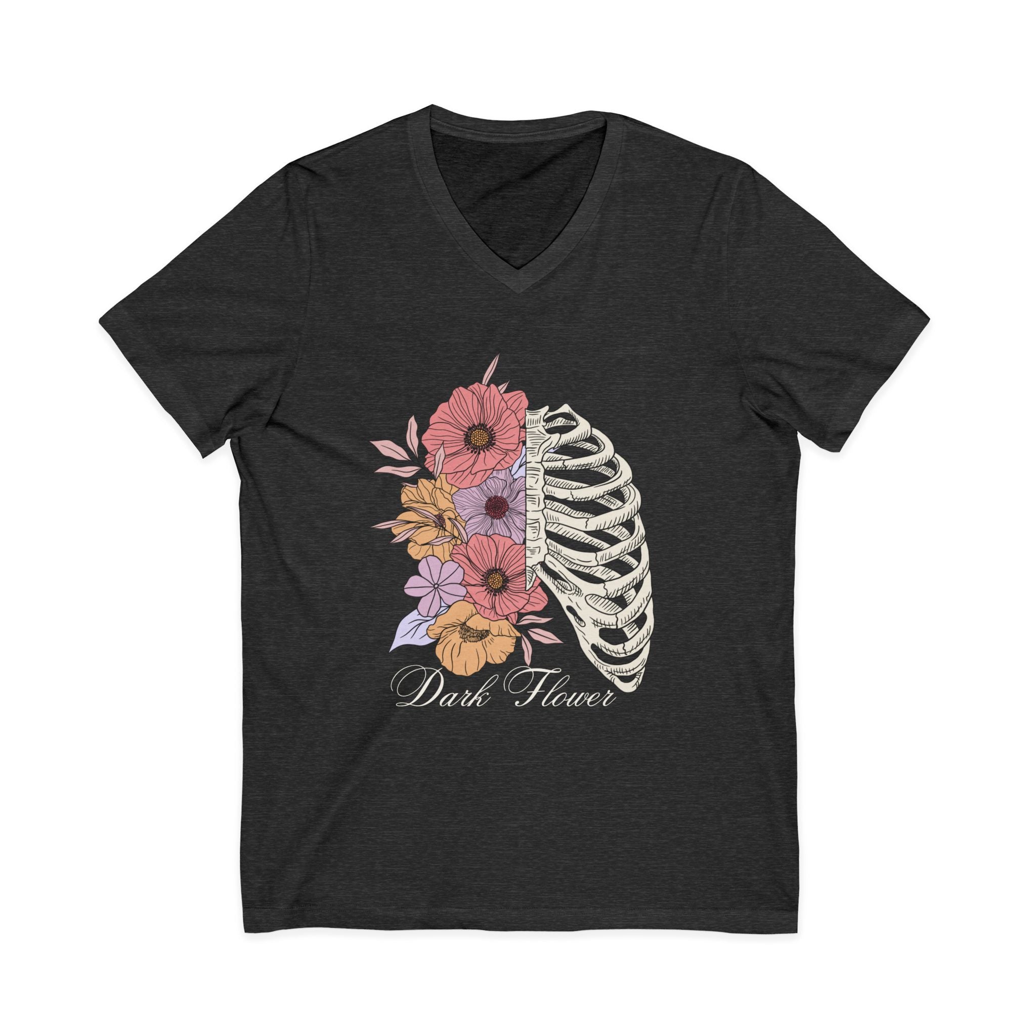 Floral Ribcage V‑Neck Tee — "Dark Flower" Gothic Floral Skeleton Shirt