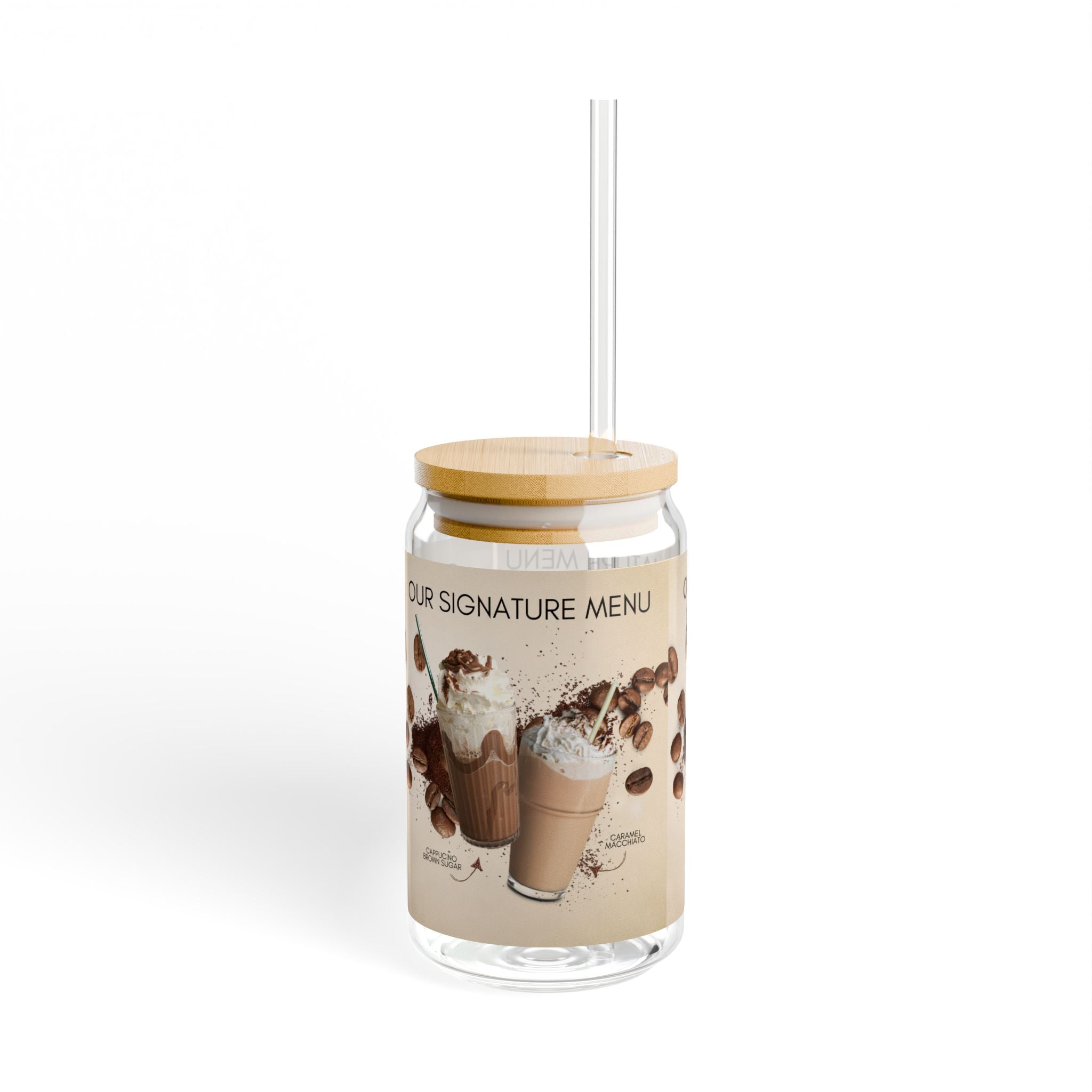 16oz Coffee Milkshake Sipper Glass — 'Our Signature Menu' Cafe Drink Tumbler with Straw