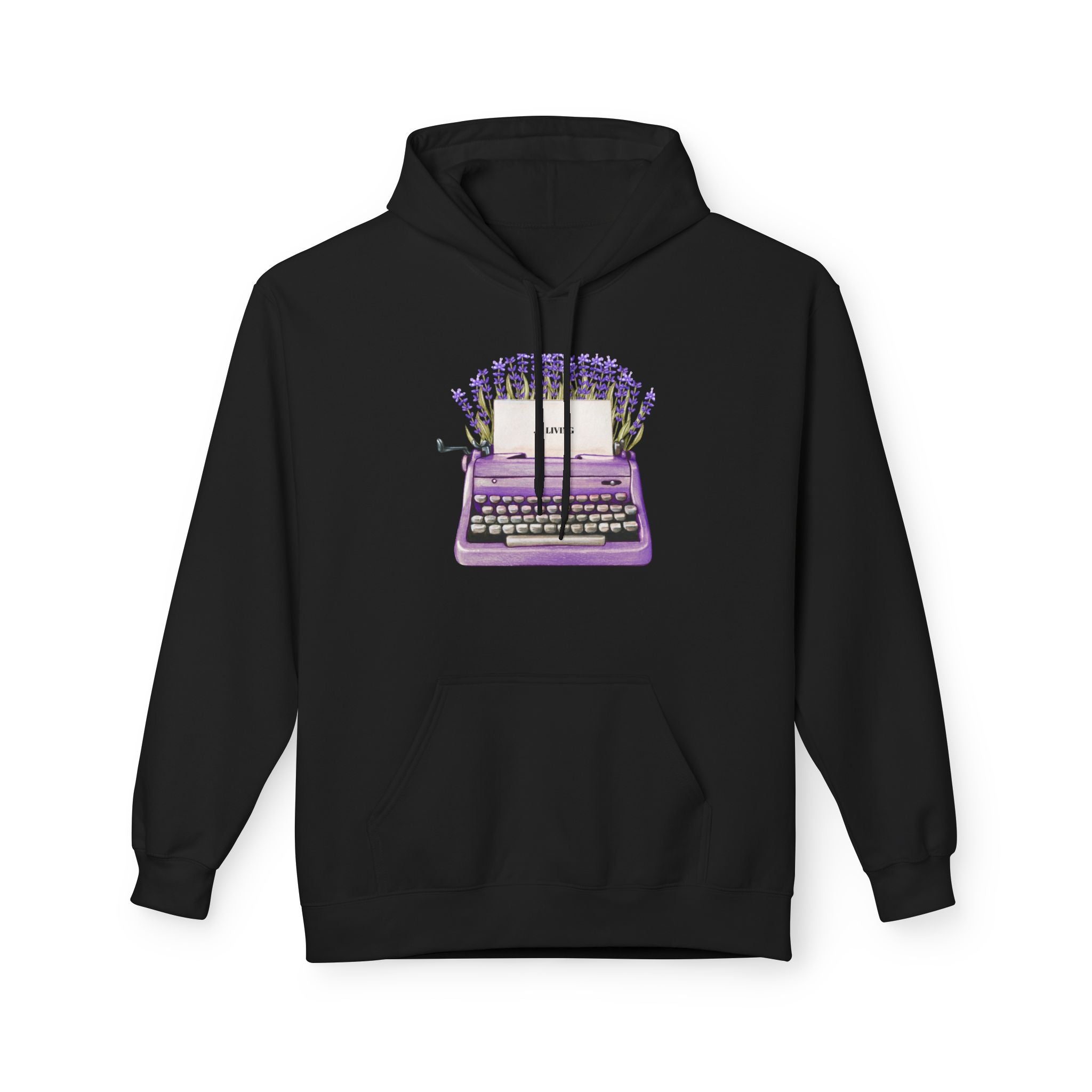 Unisex Typewriter & Lavender Hoodie — Vintage Purple Typewriter Sweatshirt for Writers