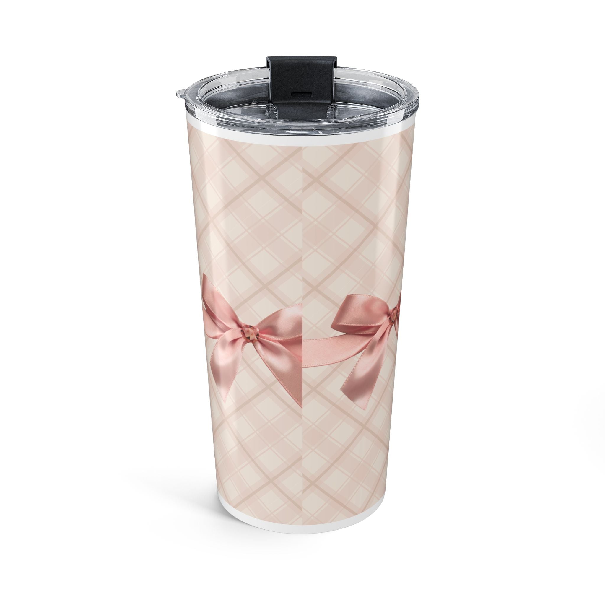 20oz Pink Plaid Tumbler with Satin Bow – Insulated Travel Cup