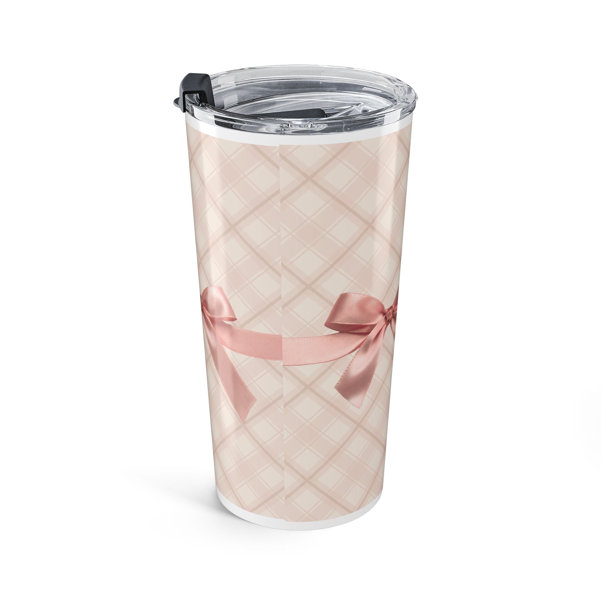 20oz Pink Plaid Tumbler with Satin Bow – Insulated Travel Cup
