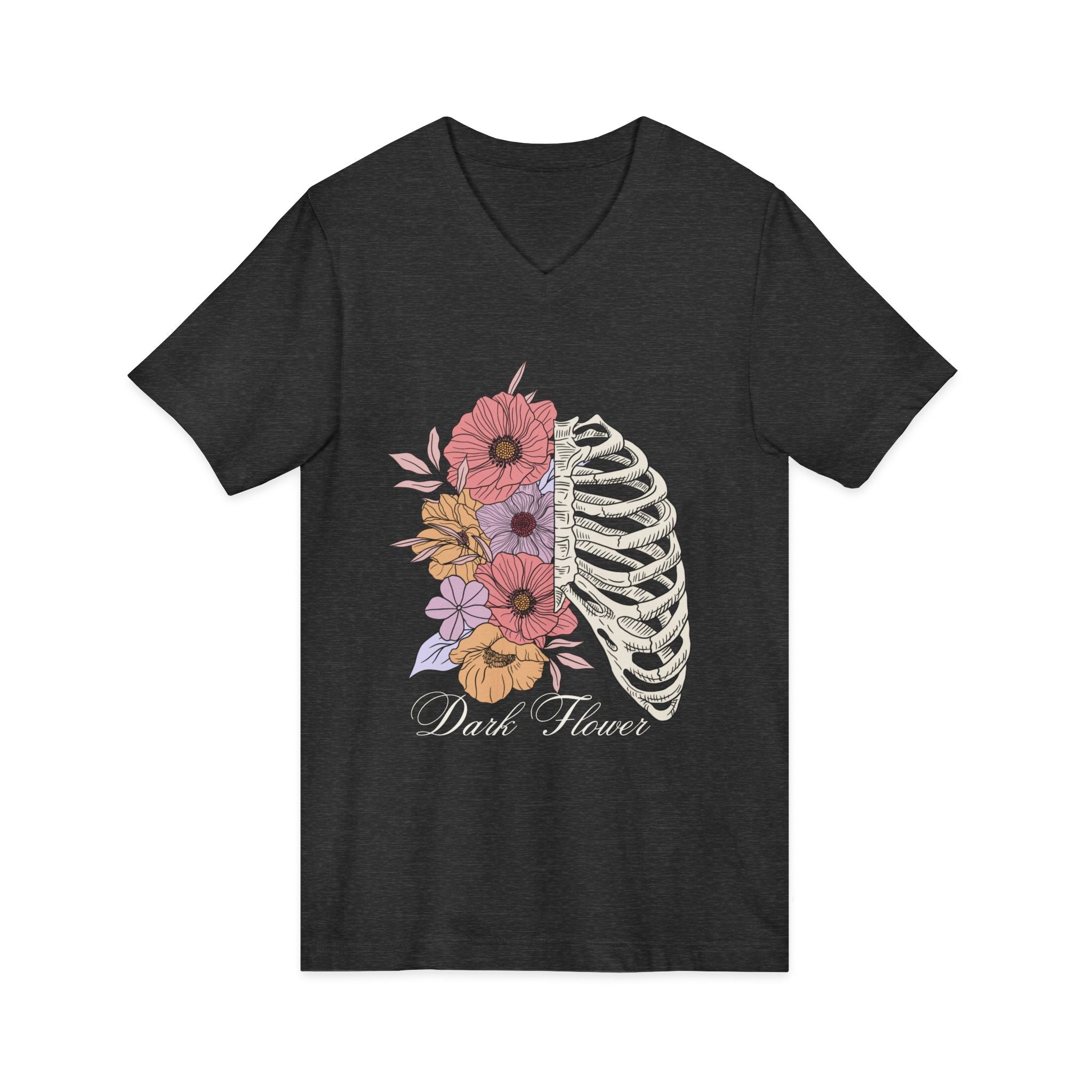 Floral Ribcage V‑Neck Tee — "Dark Flower" Gothic Floral Skeleton Shirt