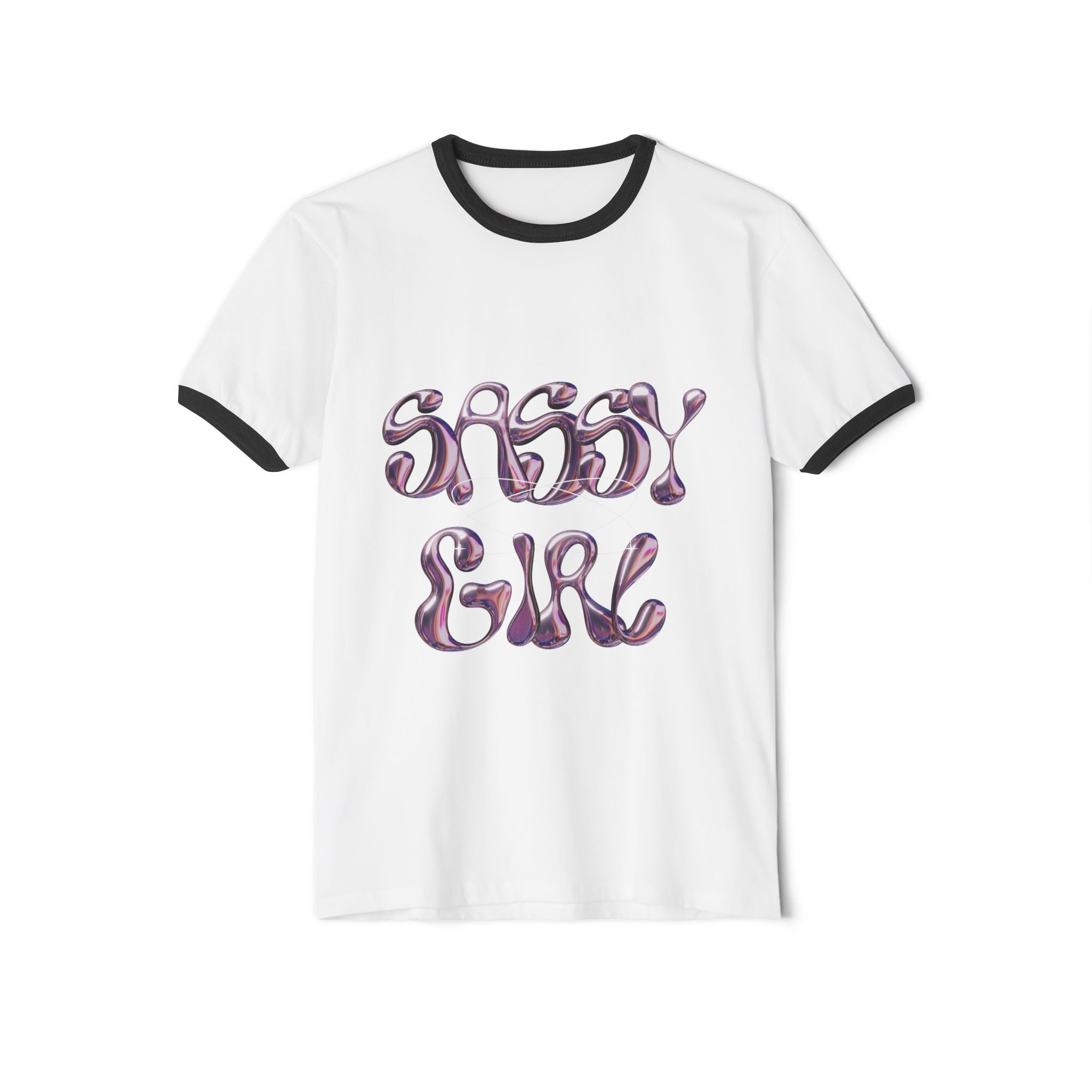 Sassy Girl Ringer Tee — Retro Bubble Letter Graphic T-Shirt