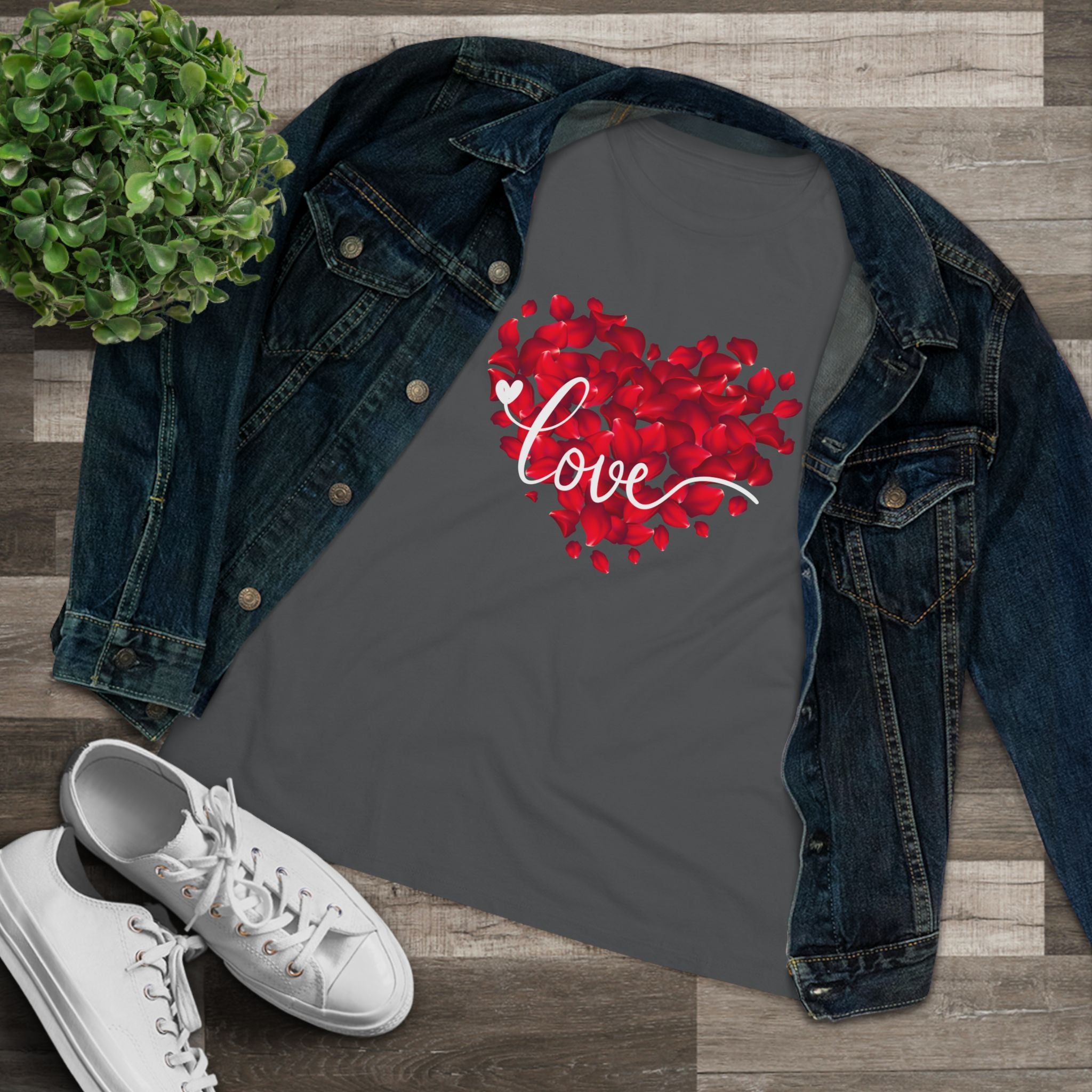 Women's Tee — Red Petal Heart 'Love' Graphic Valentine's Shirt