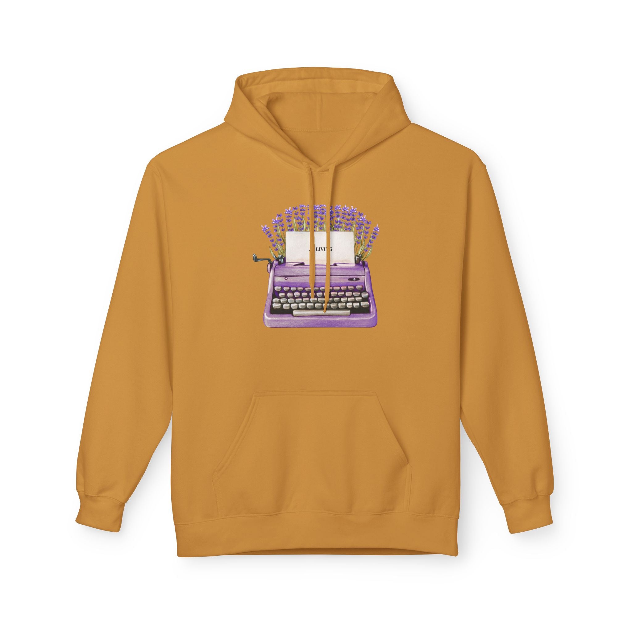 Unisex Typewriter & Lavender Hoodie — Vintage Purple Typewriter Sweatshirt for Writers
