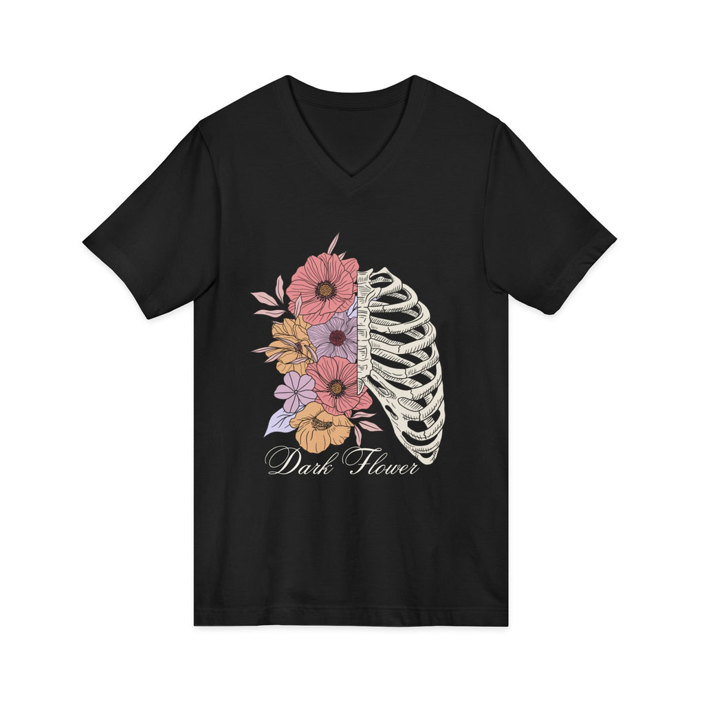 Floral Ribcage V‑Neck Tee — "Dark Flower" Gothic Floral Skeleton Shirt
