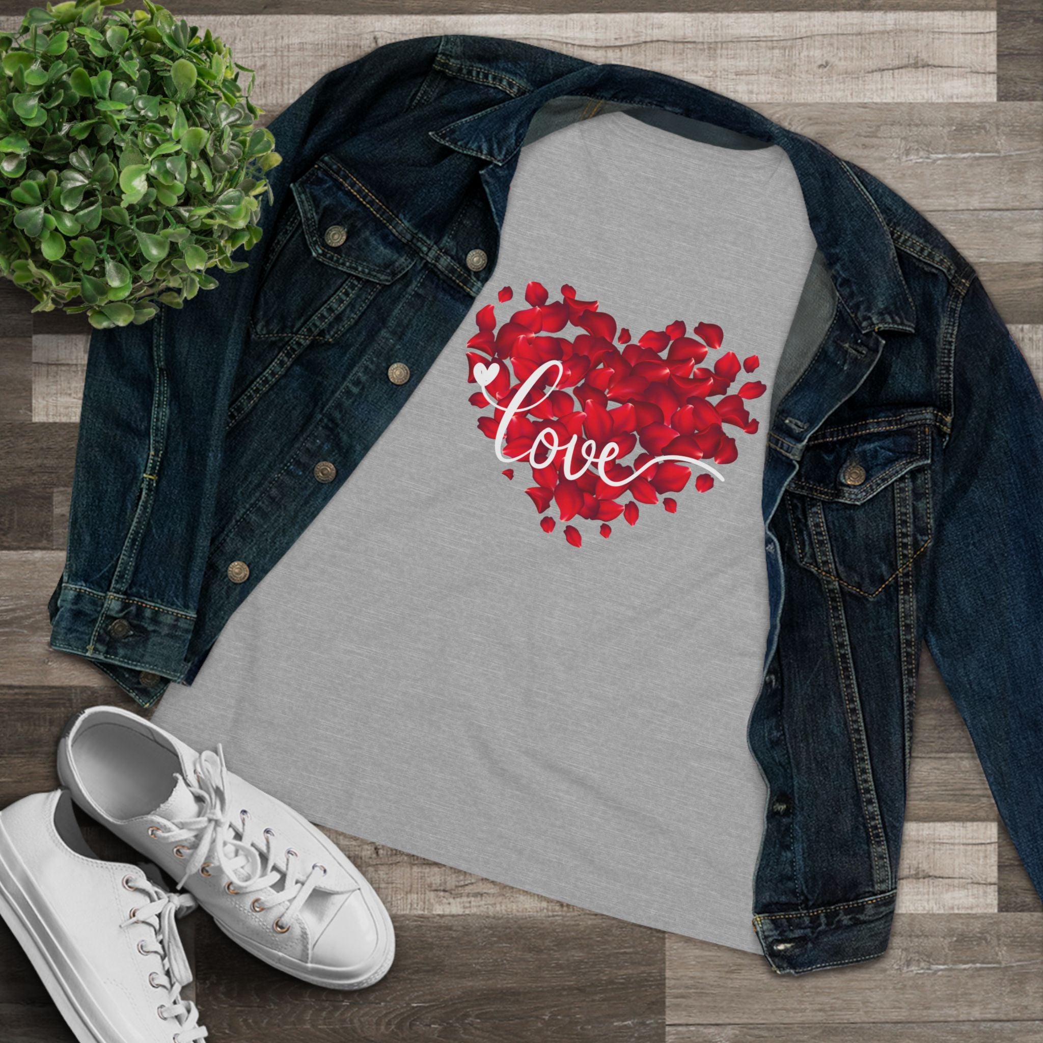 Women's Tee — Red Petal Heart 'Love' Graphic Valentine's Shirt
