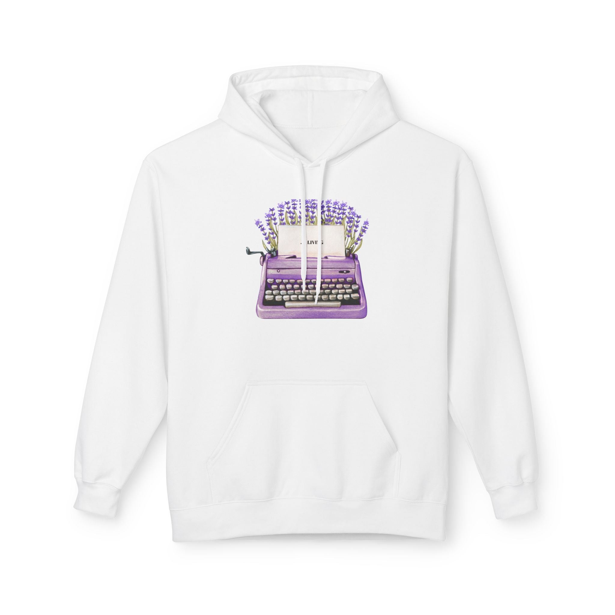 Unisex Typewriter & Lavender Hoodie — Vintage Purple Typewriter Sweatshirt for Writers