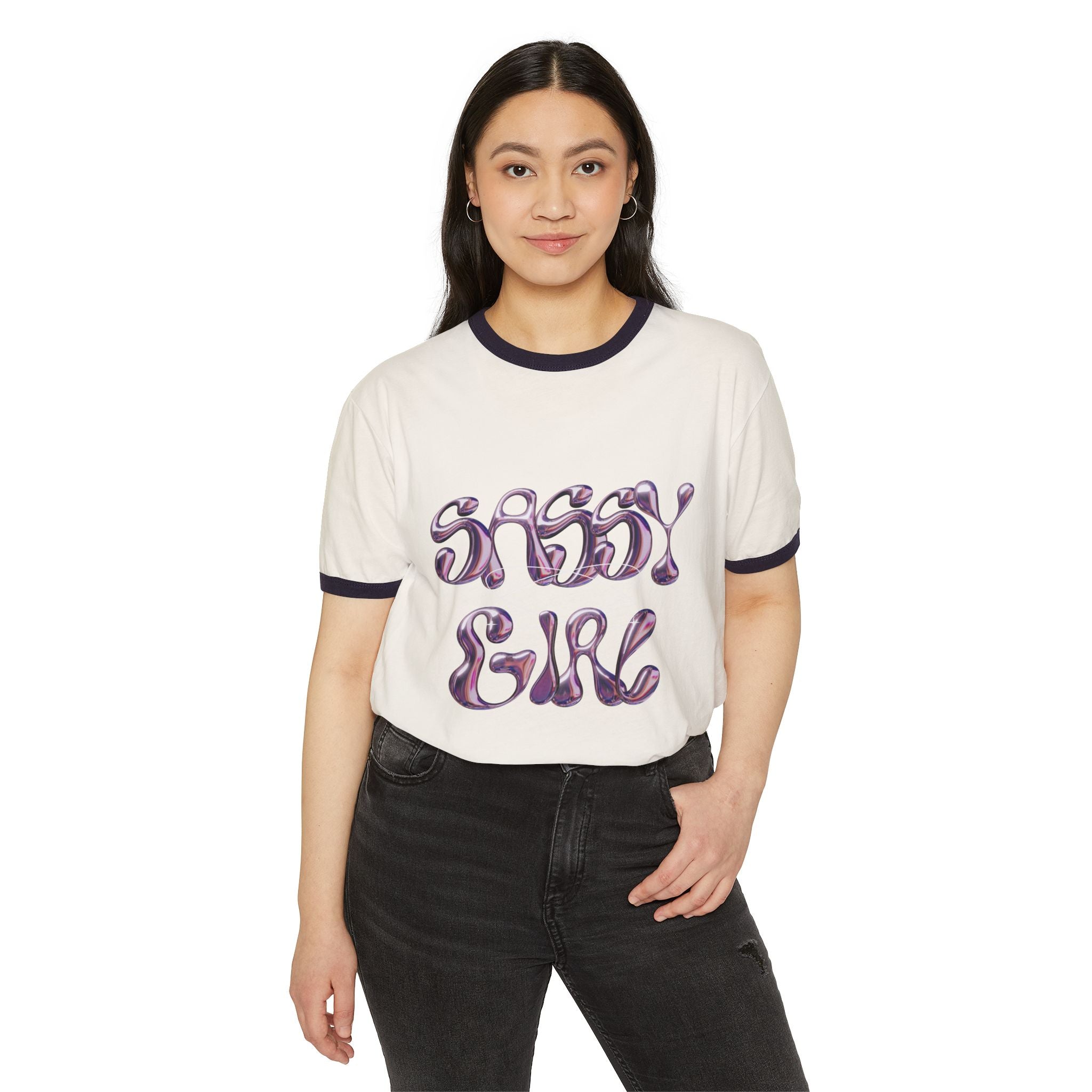 Sassy Girl Ringer Tee — Retro Bubble Letter Graphic T-Shirt