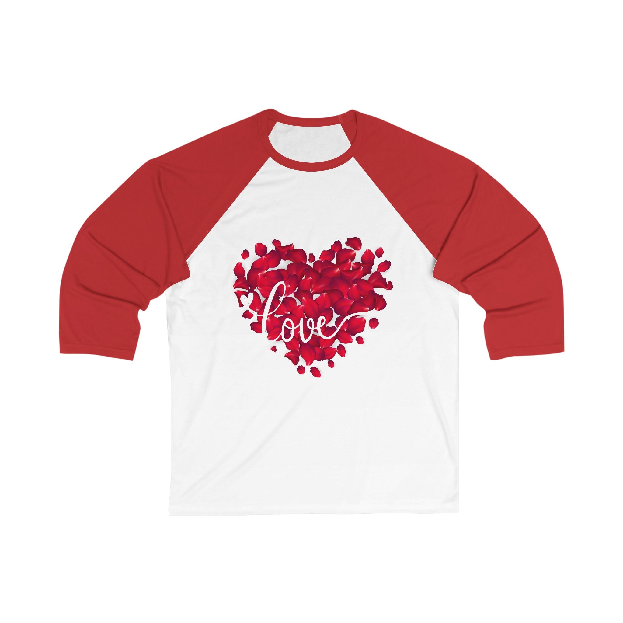 Unisex Baseball Tee — Red Heart Petal "Love" Graphic (Valentine’s Day, Romantic Gift)
